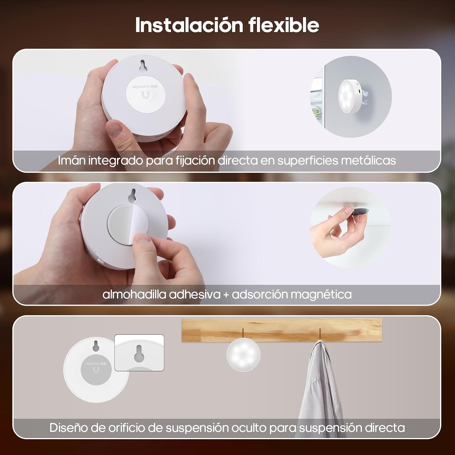 Detalle de GOODEA.fun Kabellose Vitrinenbeleuchtung – 6× Aufladbare RGBW-Puck Lights mit Fernbedienung