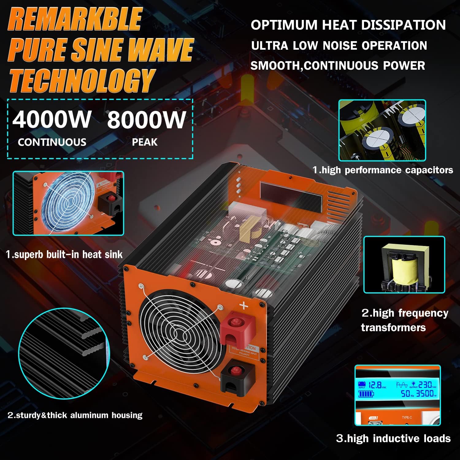 Detalle de JARXIOKE Inverter 12V a 220V onda pura 4000W con telecomando, doppie prese AC e USB-C