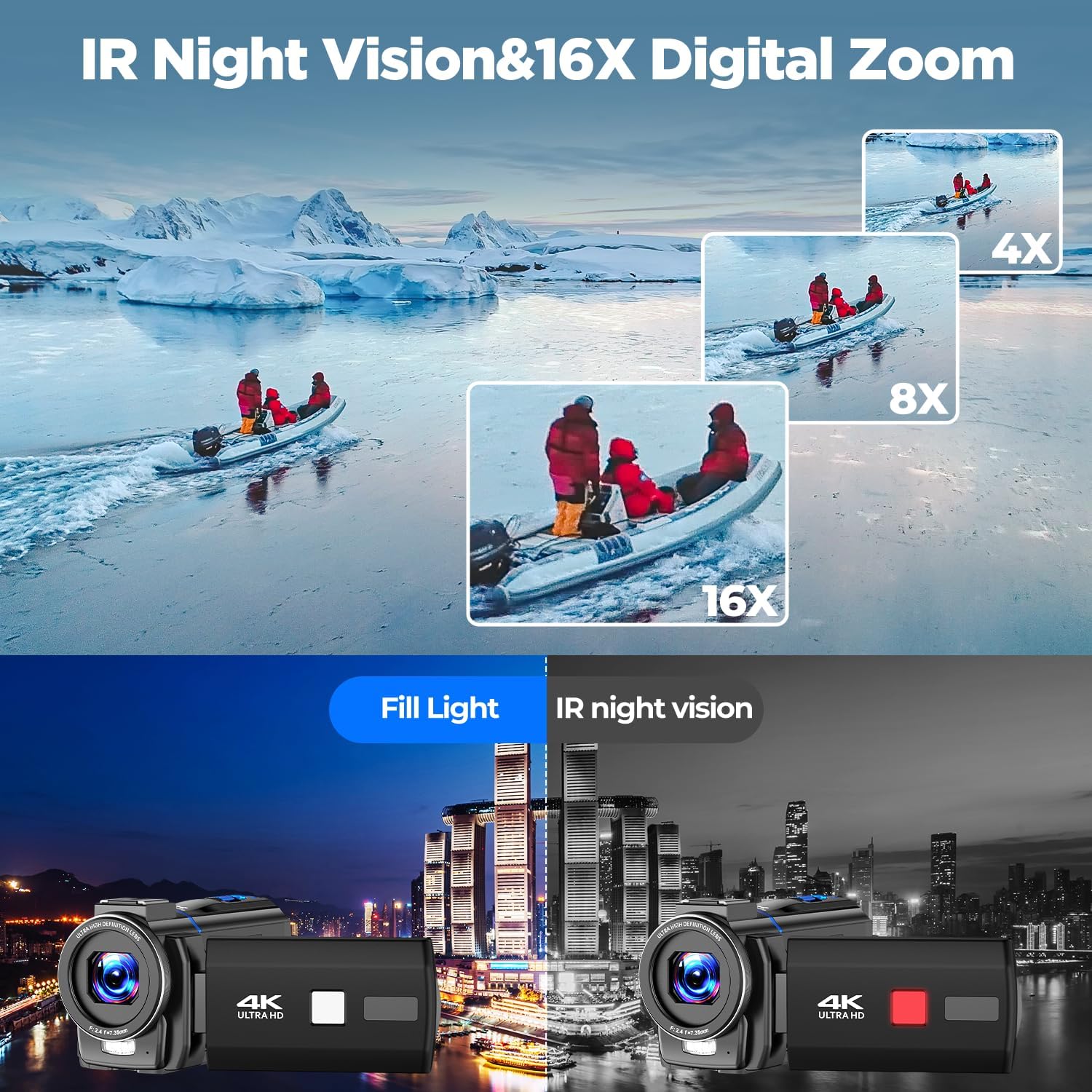 Thumbnail 3 de 4K Camcorder Video Camera (48MP) with 3" 270° Touch Screen, IR Night Vision, 32GB SD Card & Remote