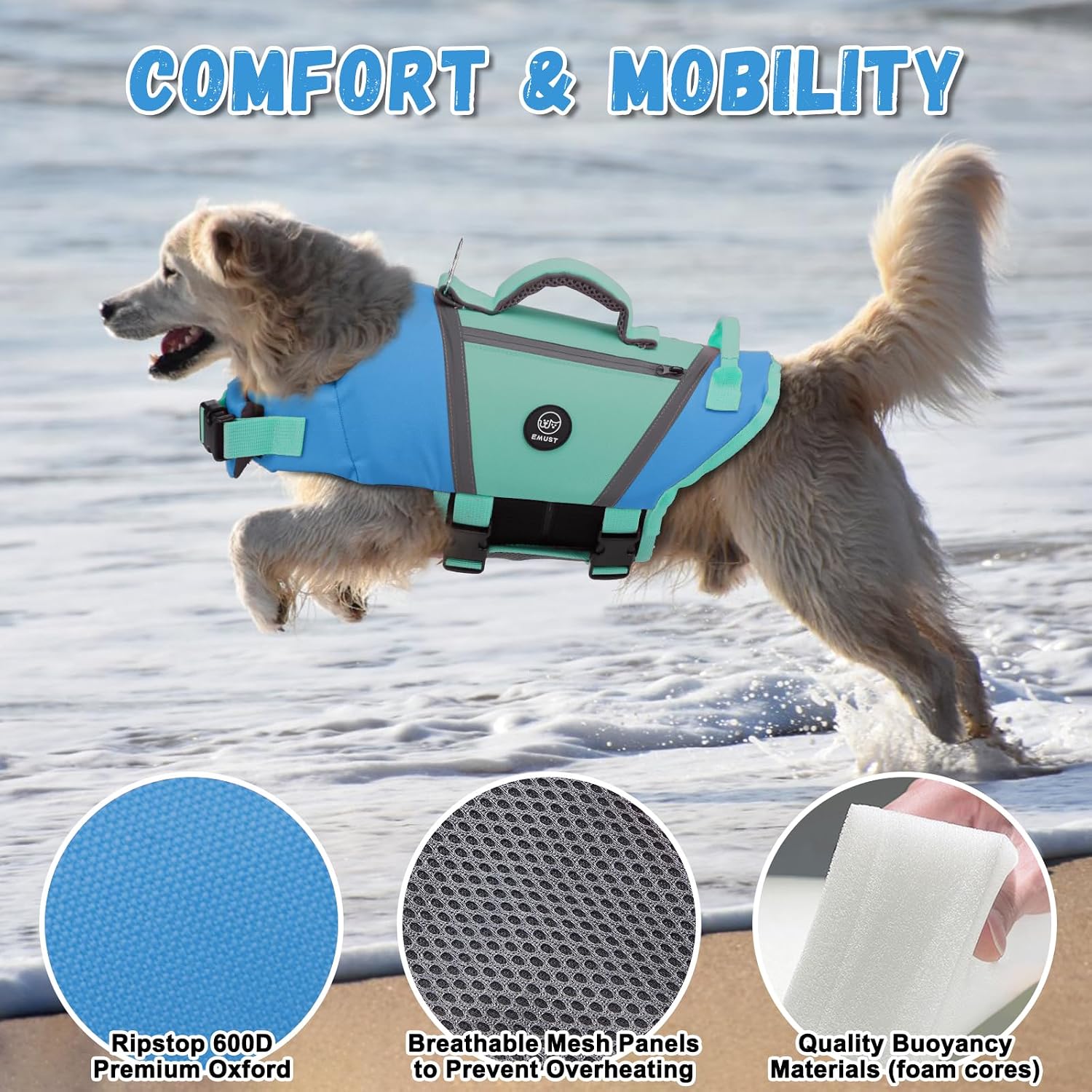Detalle de EMUST Dog Life Vests: Lightweight Floating Vest with Pockets and Reflective Safety for Bulldogs, Dachshunds & More (Blue, XXL)