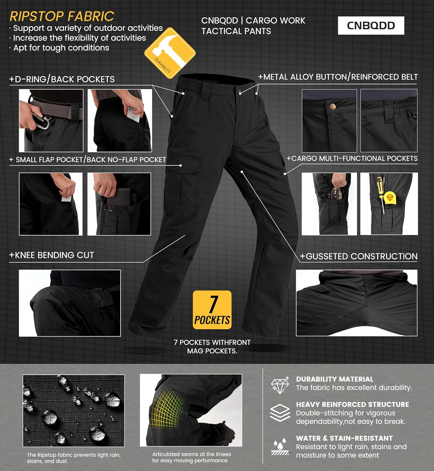 Detalle de CNBQDD Mens Work Pants: Ripstop Waterproof Cargo Pants with 7 Pockets for Men