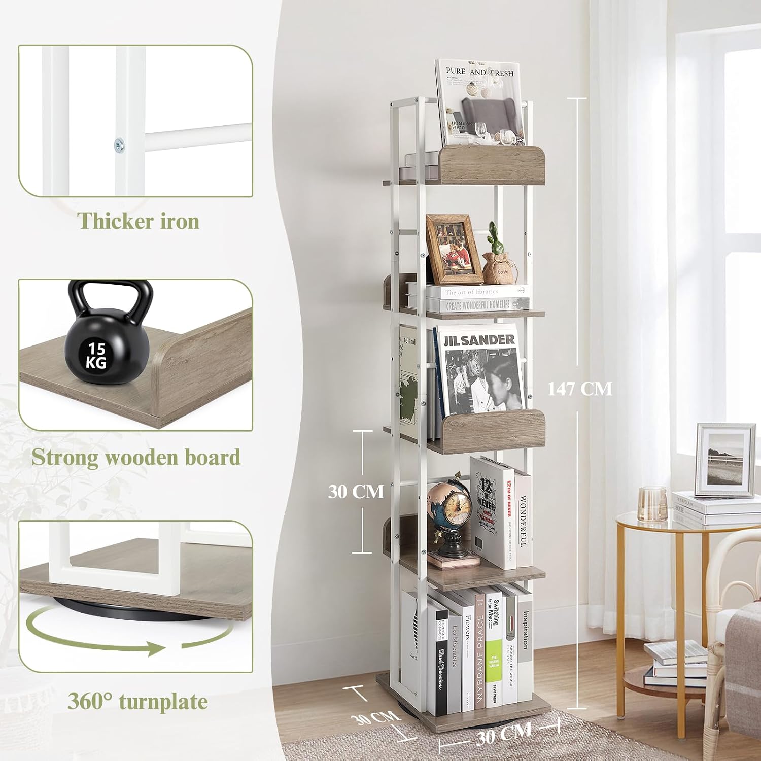 Thumbnail 2 de Bikoney 5-Tier Rotating Corner Bookshelf (White & Grey) – Industrial, Narrow, Tall Design