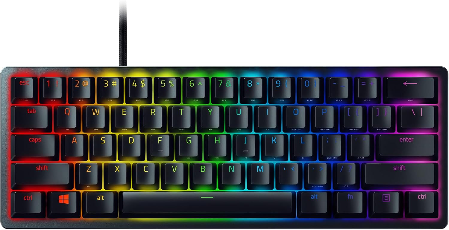 Detalle de Razer Huntsman Mini (Purple Switch) kompakte 60%-Gaming-Tastatur mit optischen Switches, Doubleshot PBT und USB‑C (QWERTY US, schwarz)
