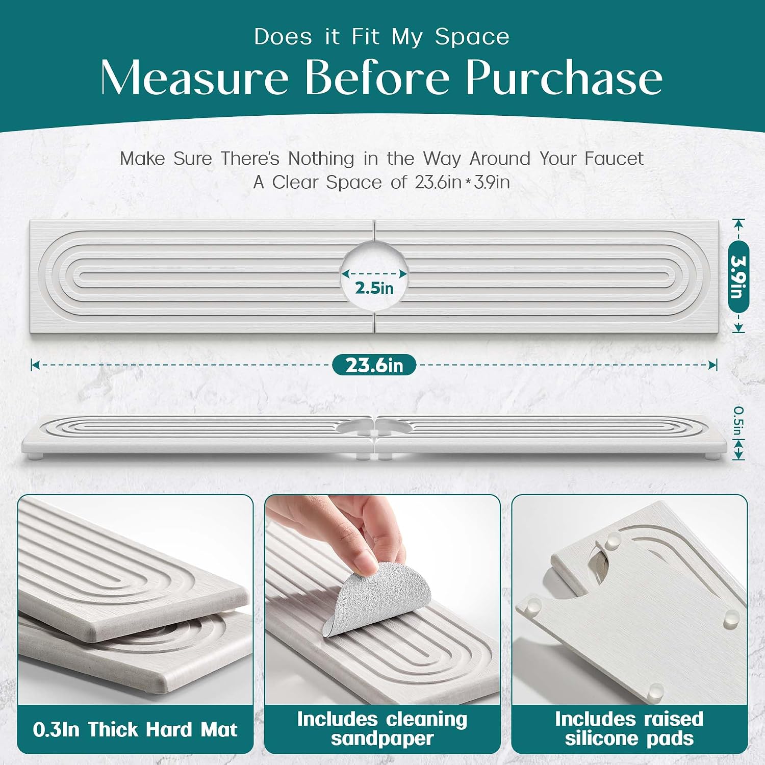 Detalle de eormoe Diatomite Faucet Mat for Kitchen Sink, 23.6 x 3.9-Inch