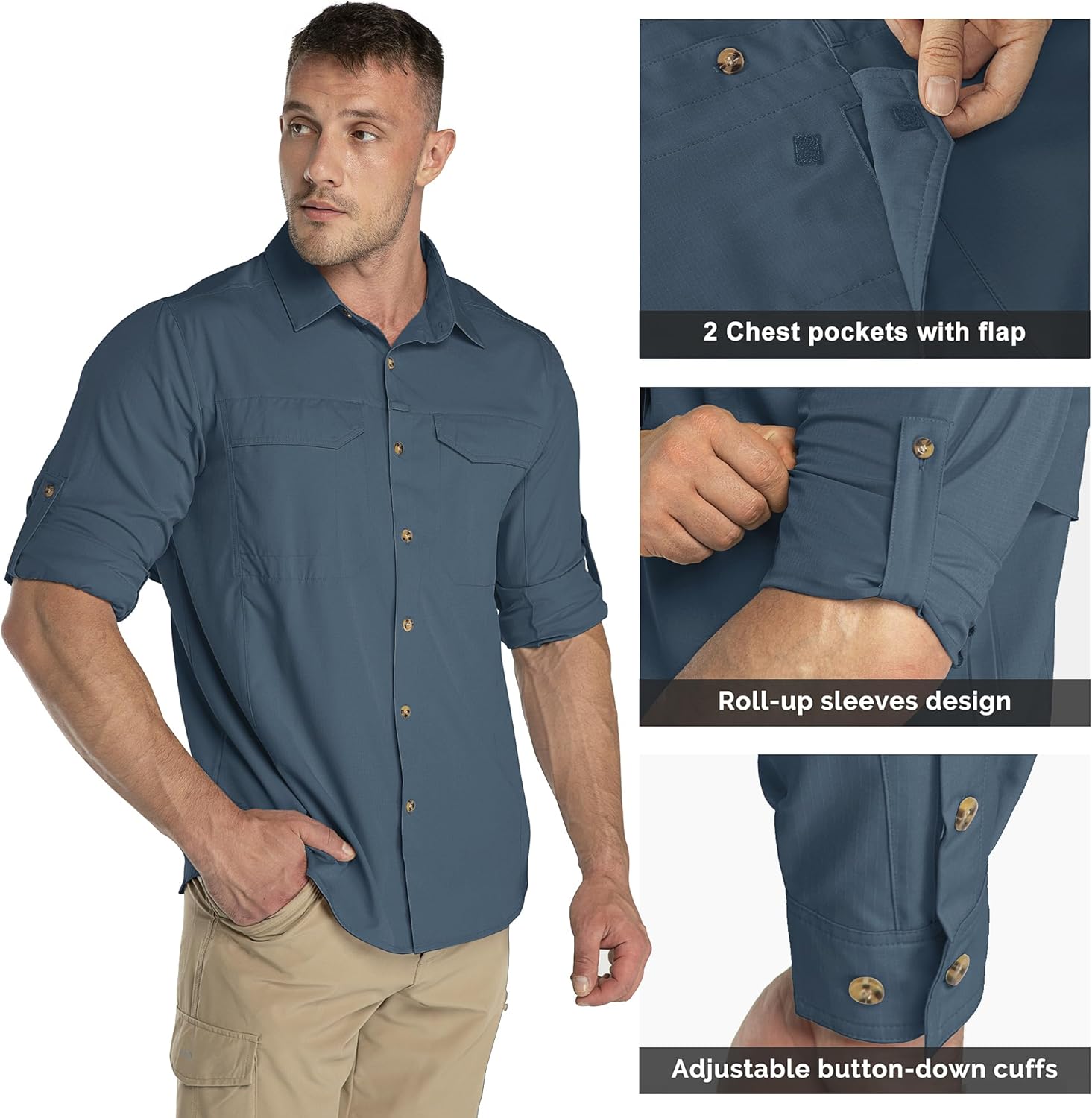 Thumbnail 3 de 33,000ft Funktionshemd Herren UPF50+ UV-Schutz – atmungsaktives Langarm-Button-Down für Outdoor, Angeln & mehr
