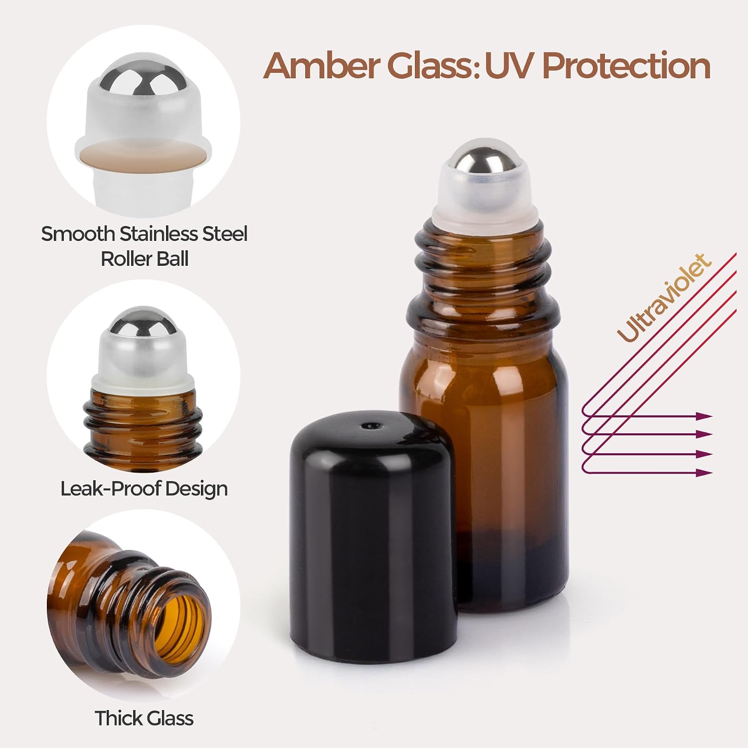 Detalle de ComSaf PG2652 5 ml Amber Glass Roll-On Bottles, 6-Pack with Accessories