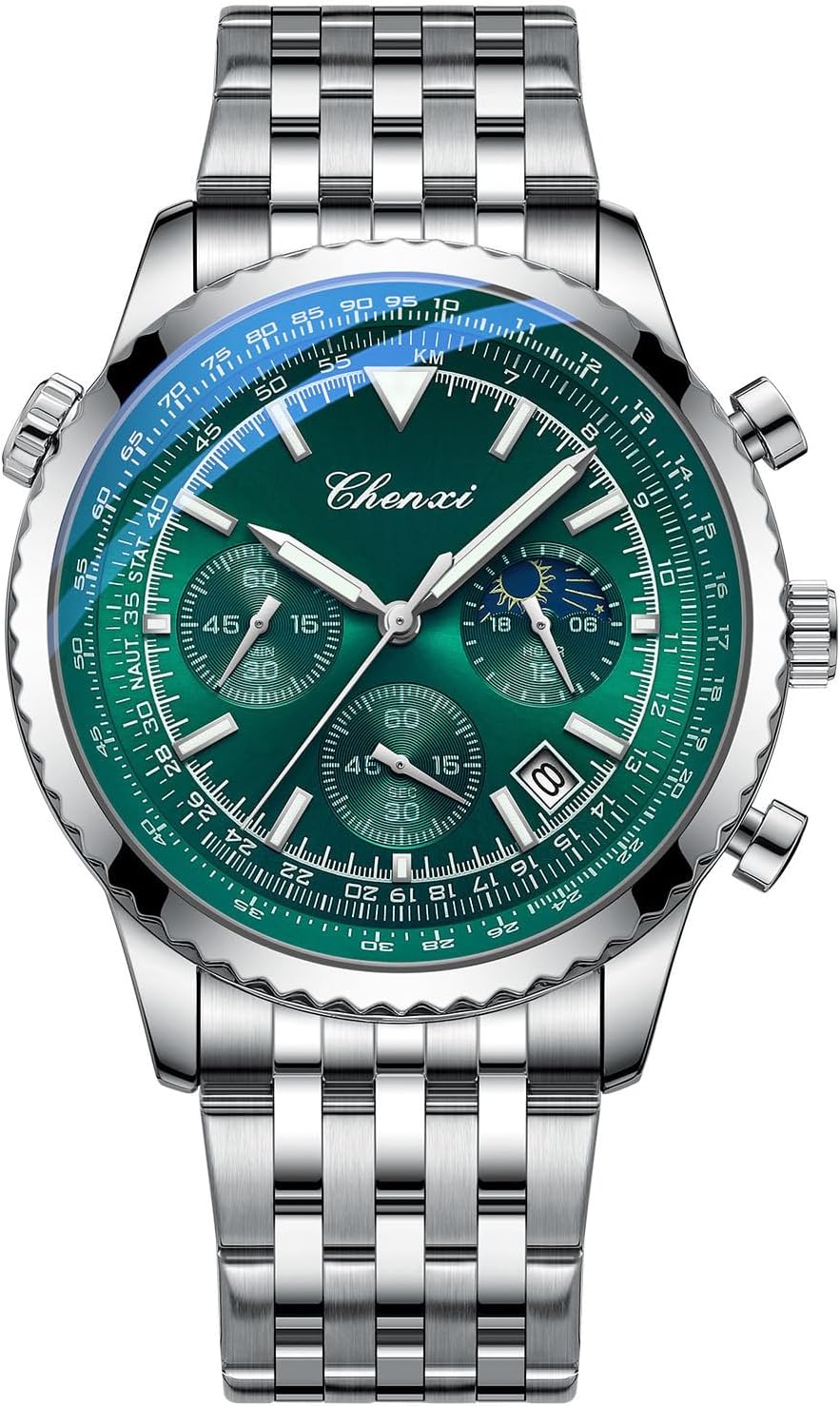 Detalle de Tiong Herren Business Chronograph – Edelstahl & Lederarmband mit Mondphase, Sechshänder, wasserdicht und Leuchtziffern