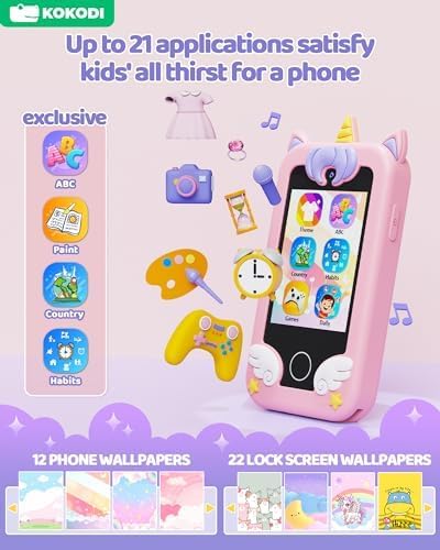 Detalle de KOKODI Pink speelgoedsmartphone voor kinderen met touchscreen en eenhoornthema