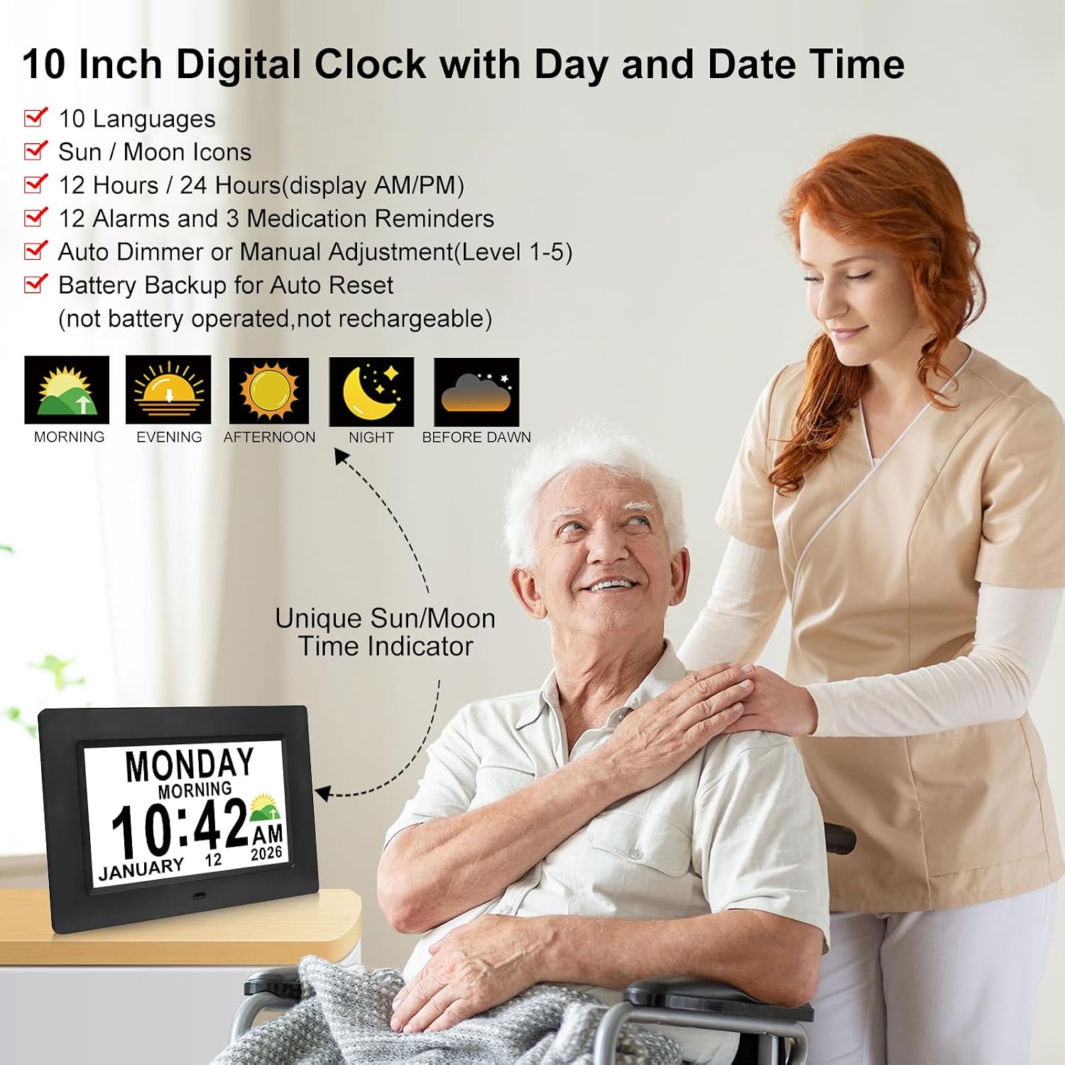 Detalle de Jaihonda Black 10-Inch Digital Dementia Clock with Alarms and Auto-Dimming