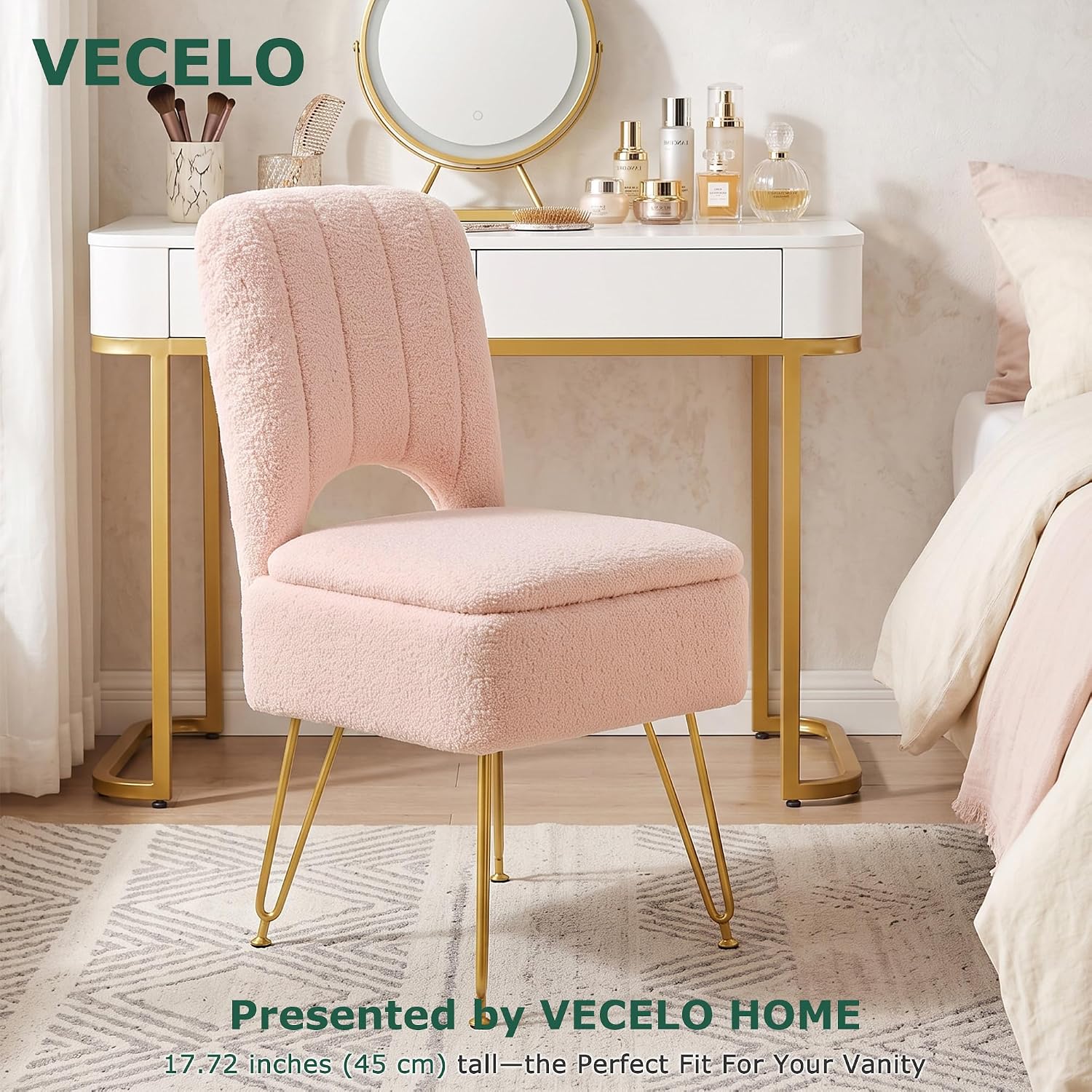 Detalle de VECELO Vanity Stool with Faux Fur