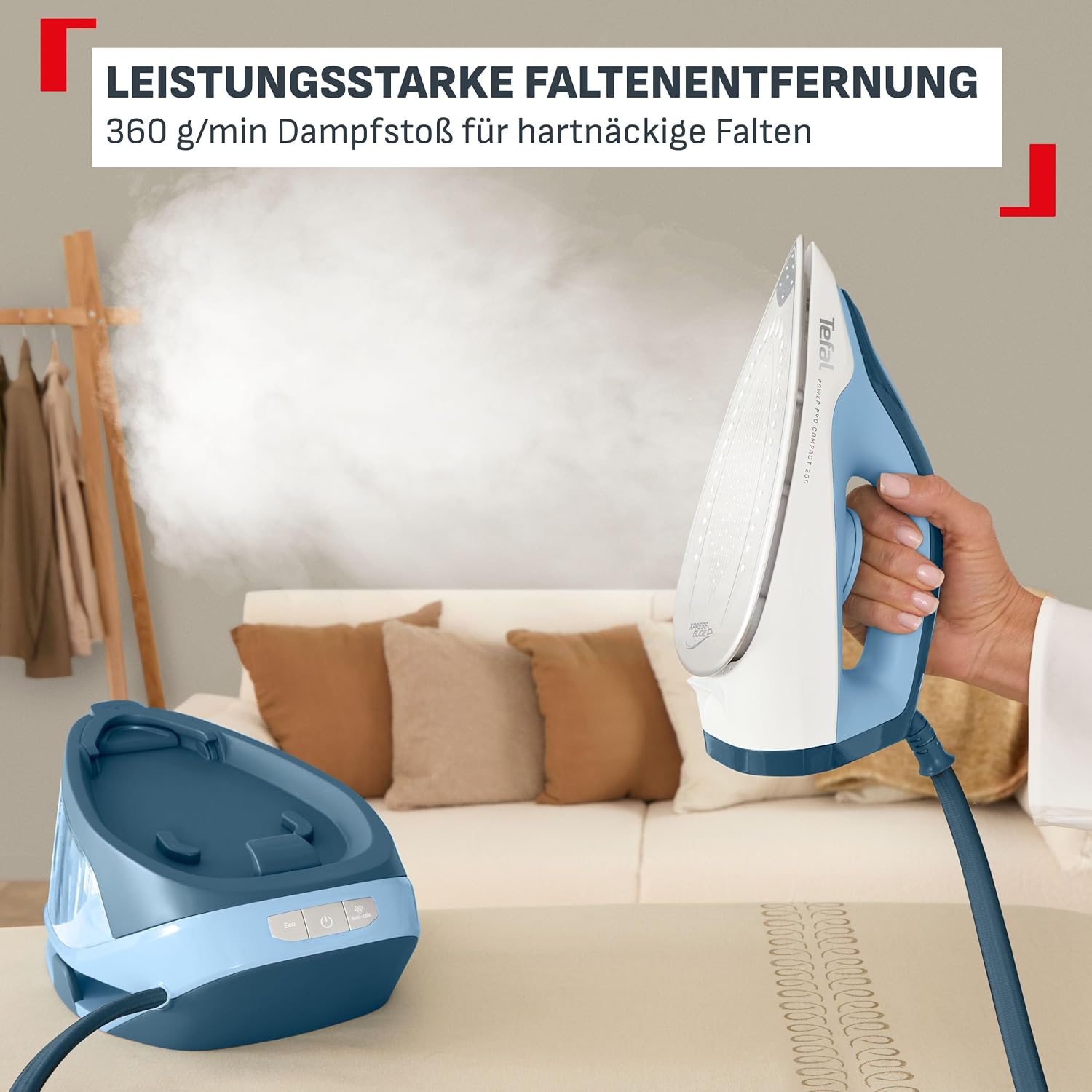 Detalle 2 de Tefal Power Pro Compact 200 Dampfbügelstation SV6210E0 – kompakt, kraftvoller Dampf mit keramischer Bügelsohle