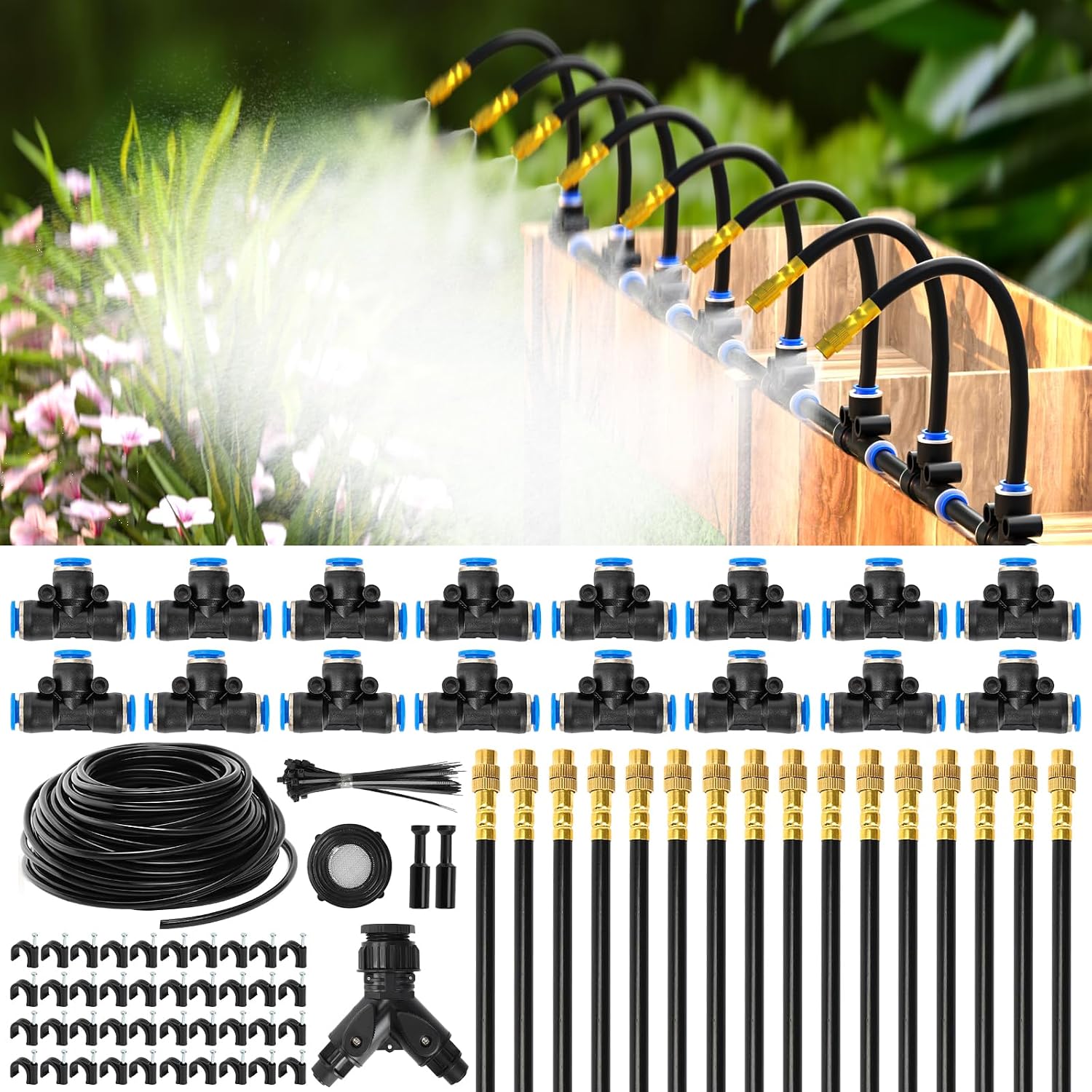 Detalle de MIXC 360° Adjustable Irrigation System Kit, 100 FT Quick-Connect Drip Irrigation – 16 Brass 360° Nozzles with 1/4" Tubing