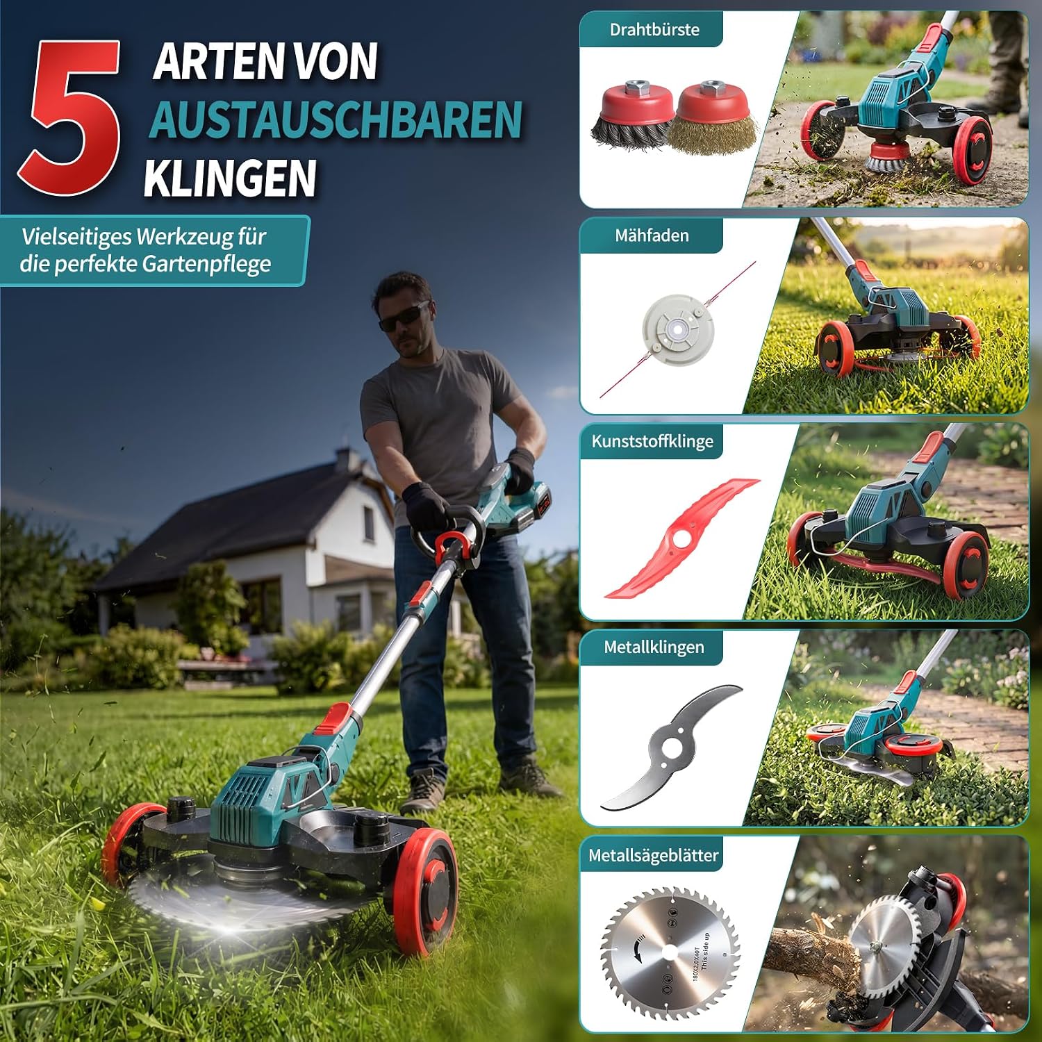 Detalle de Rasentrimmer mit Akku 21V – Makita-Kompatibel, 5-in-1 inklusive Unkrautbürste, 2 × 4,0Ah, 900W bürstenloser Motor