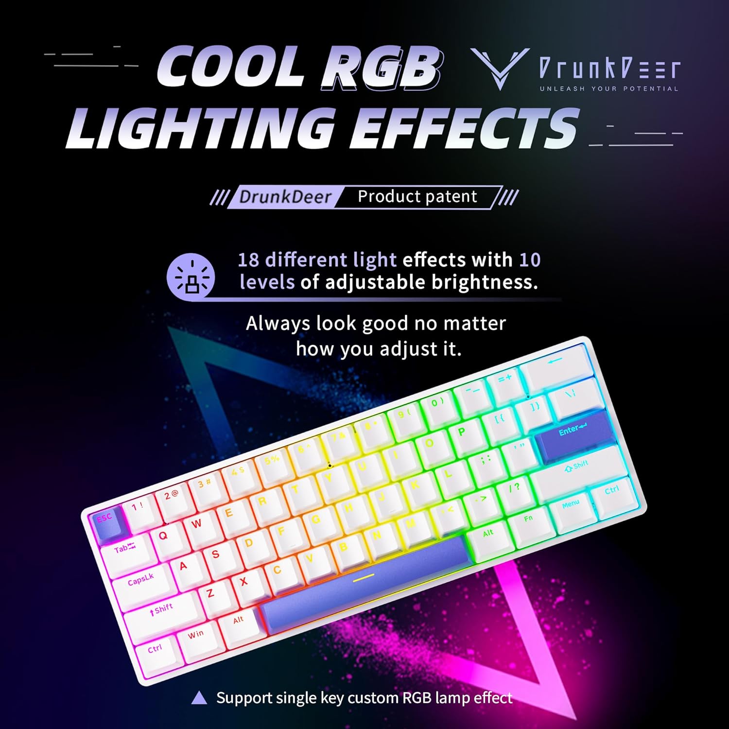 Detalle de DrunkDeer G60 Rapid Trigger mechanische Gaming-Tastatur (TKL, 60% Layout, Magnetschalter) – Weiß