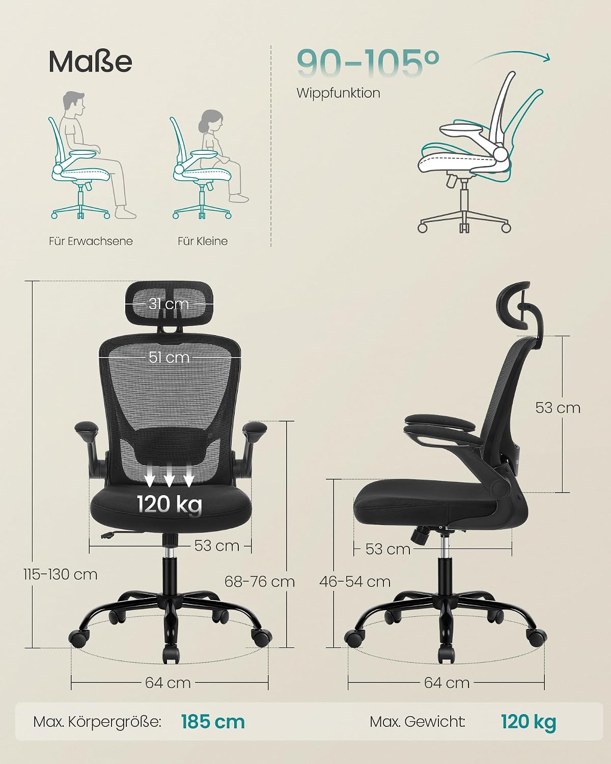 Detalle 2 de SONGMICS OBN047B01 ergonomischer Bürostuhl 53 cm