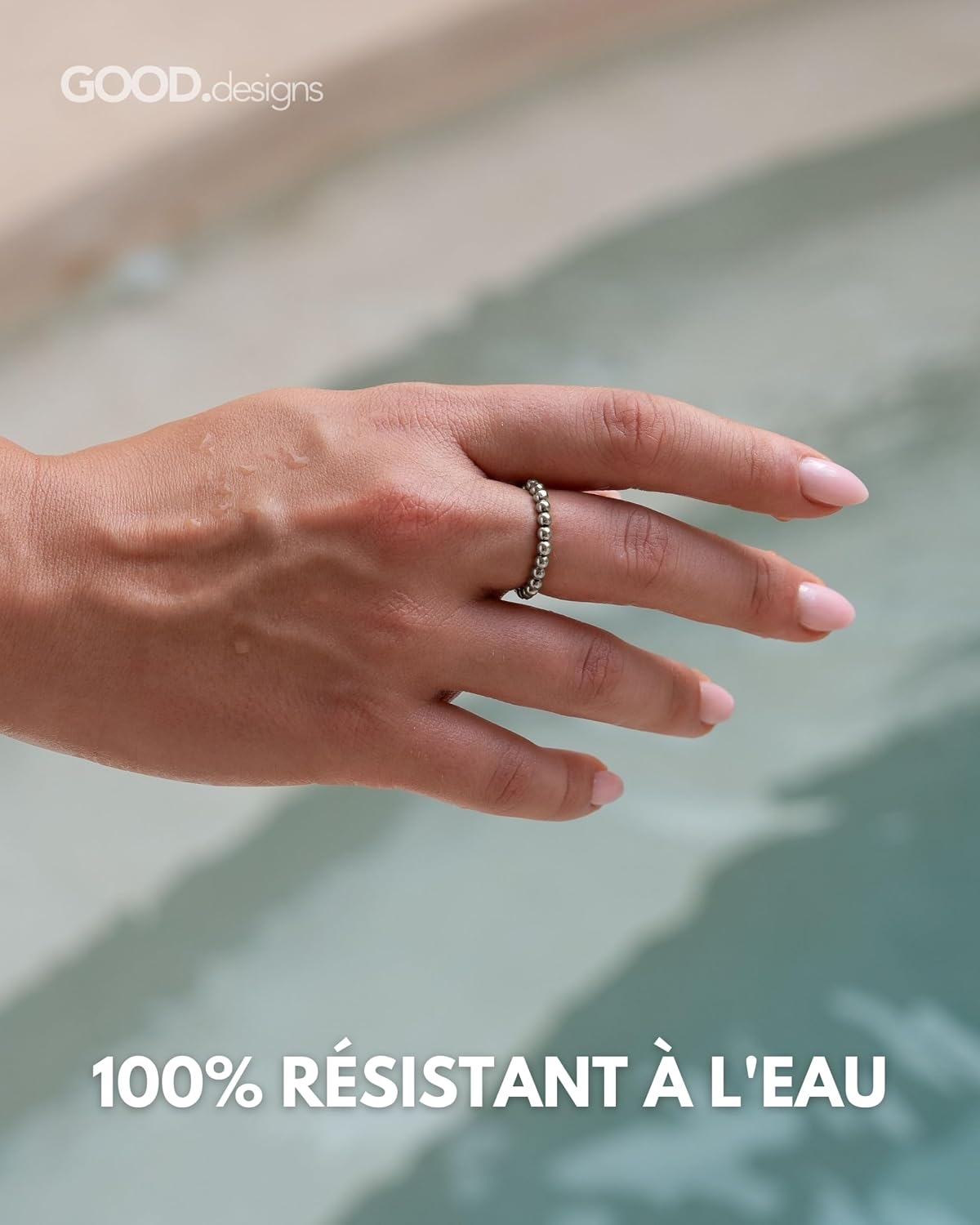 Detalle de GD GOOD.designs EST. 2015 Anneau antistress en acier inoxydable à perles élastiques – perles 3 mm, taille 54-60