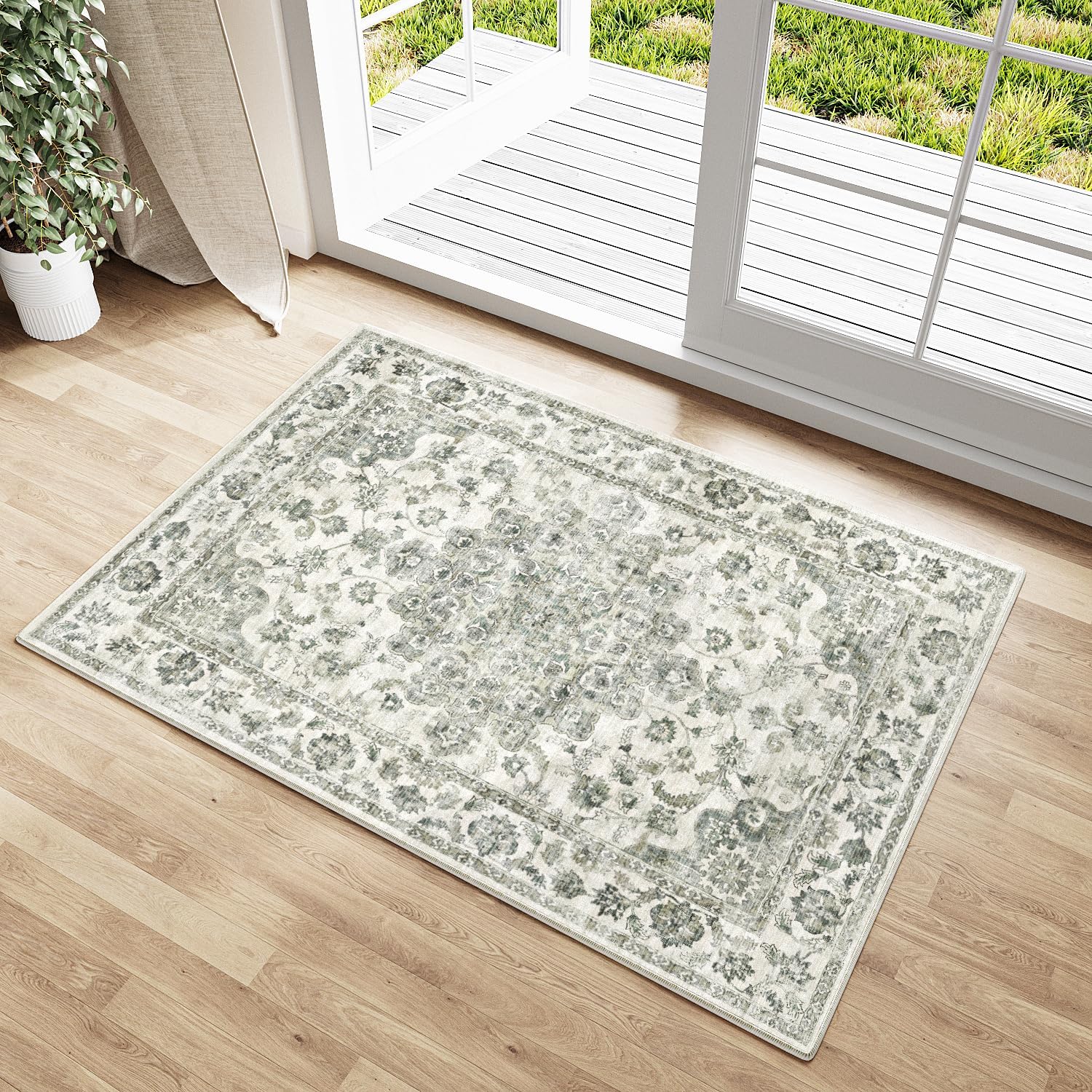 Detalle de HUGEAR Vintage grüner waschbarer Kurzflor-Teppich für Eingangsbereich & Bad, 60x90 cm
