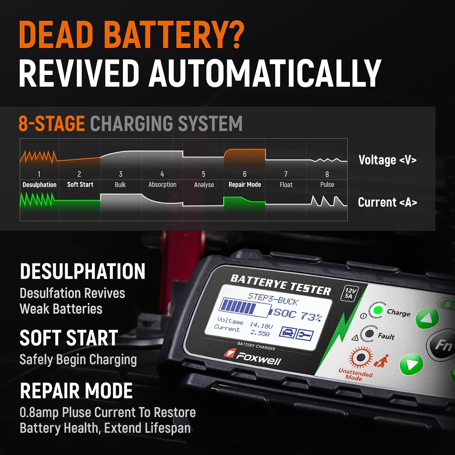 Detalle de FOXWELL BC521 12V battery charger tester