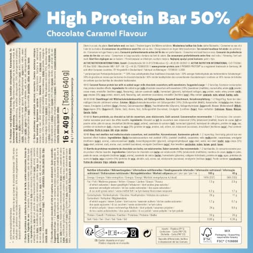 Detalle 2 de Premier Protein High Protein Bar 50% – Chocolate Caramel, 16x40 g, palmölfrei