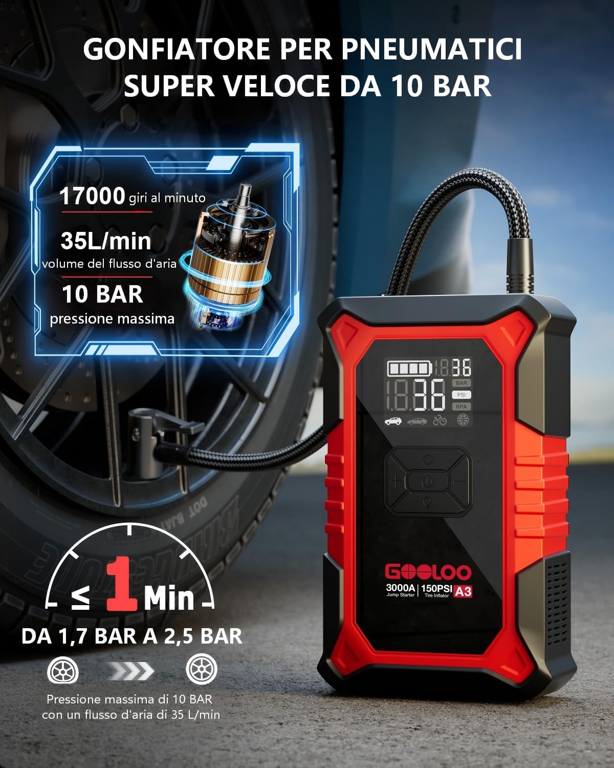 Thumbnail 2 de GOOLOO 3000A Avviatore con compressore 150 PSI e torcia SOS: arrancatore d’emergenza per auto