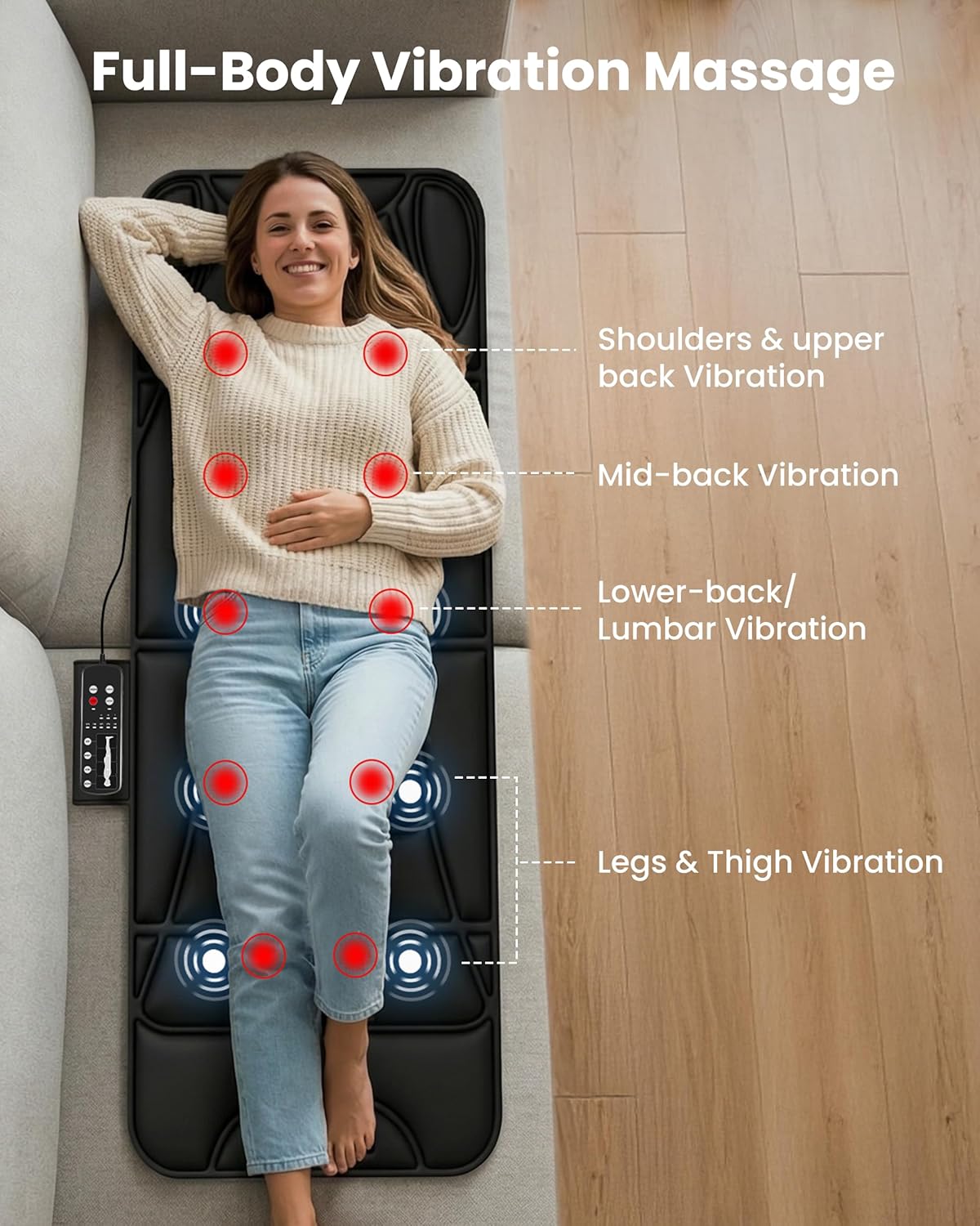 Detalle 2 de COMFIER Tappetino Massaggiante con Funzione Riscaldante – 10 Motori, 5 Modalità e Spegnimento Automatico