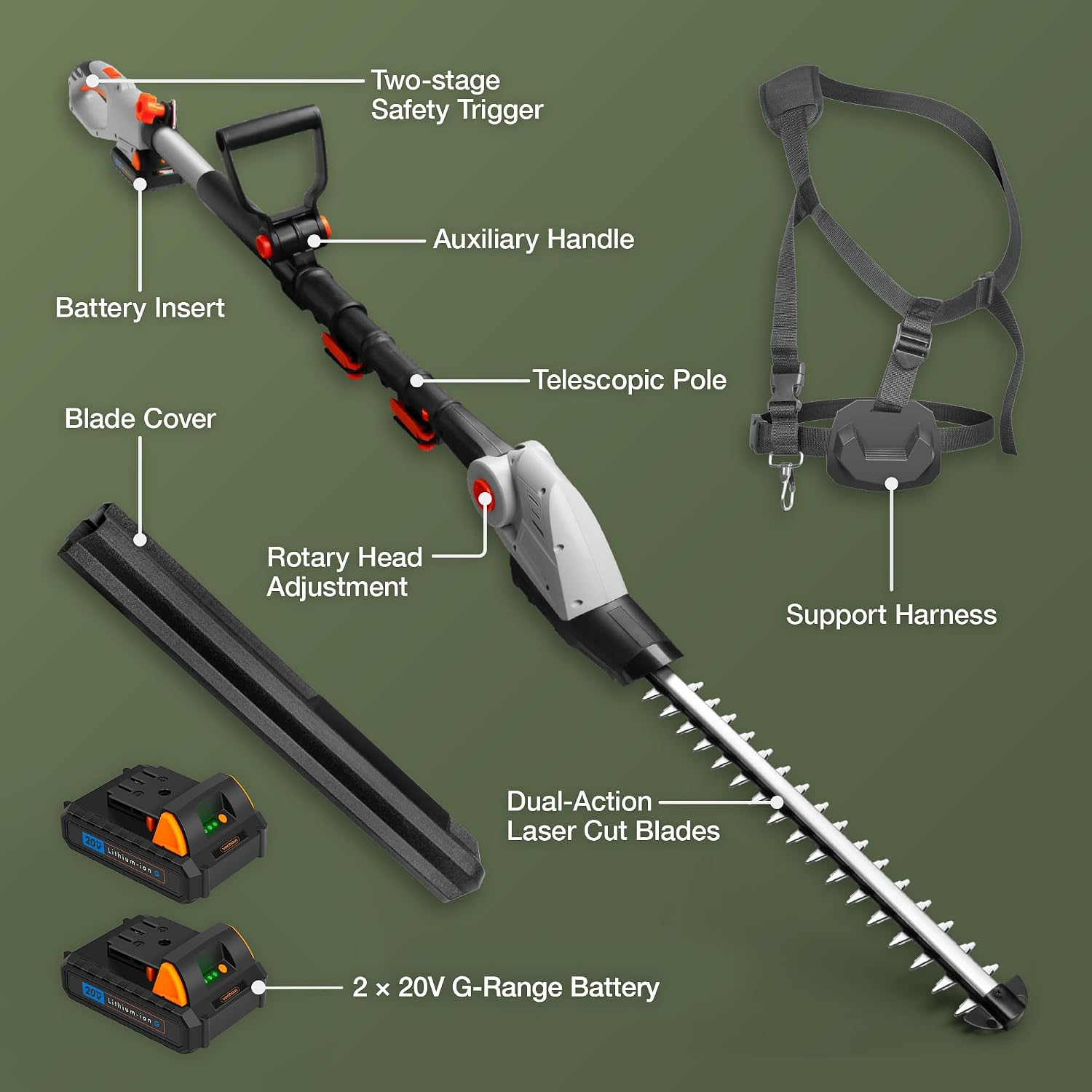 Thumbnail 6 de VonHaus Pole Hedge Trimmer Cordless 20V – X2 Batteries & Charger, G-Series