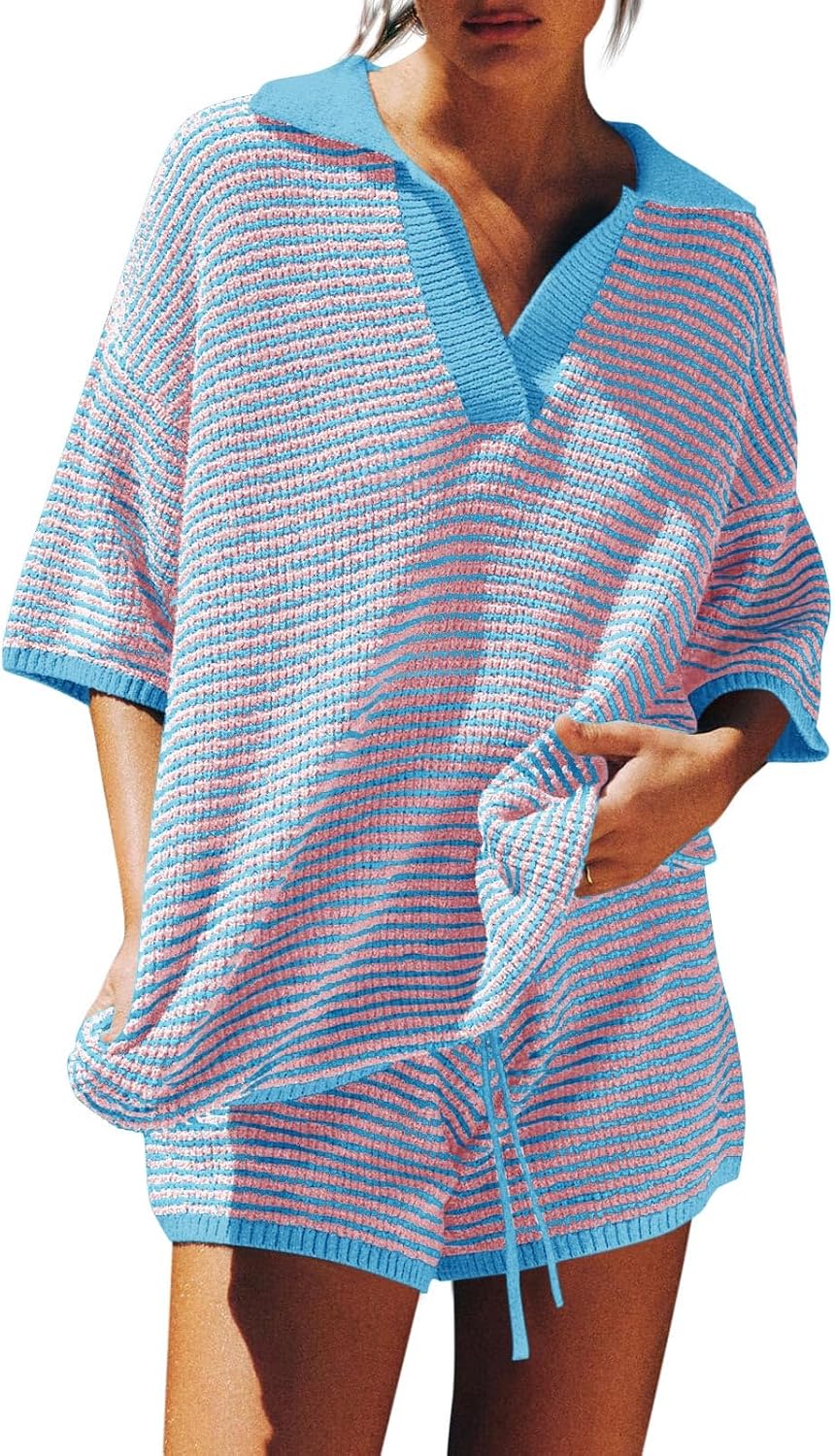Thumbnail 6 de Tankaneo Womens Sweater Set 2 Piece Lounge Outfit — Oversized 3/4 Sleeve V-Neck Top with High-Waisted Shorts