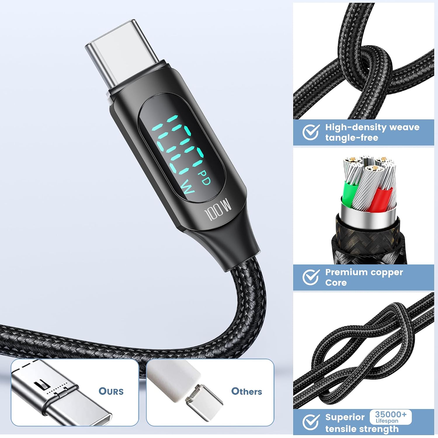Detalle 2 de toocki Cable USB C a USB C 100 W ⚡ Carga Rápida 2M