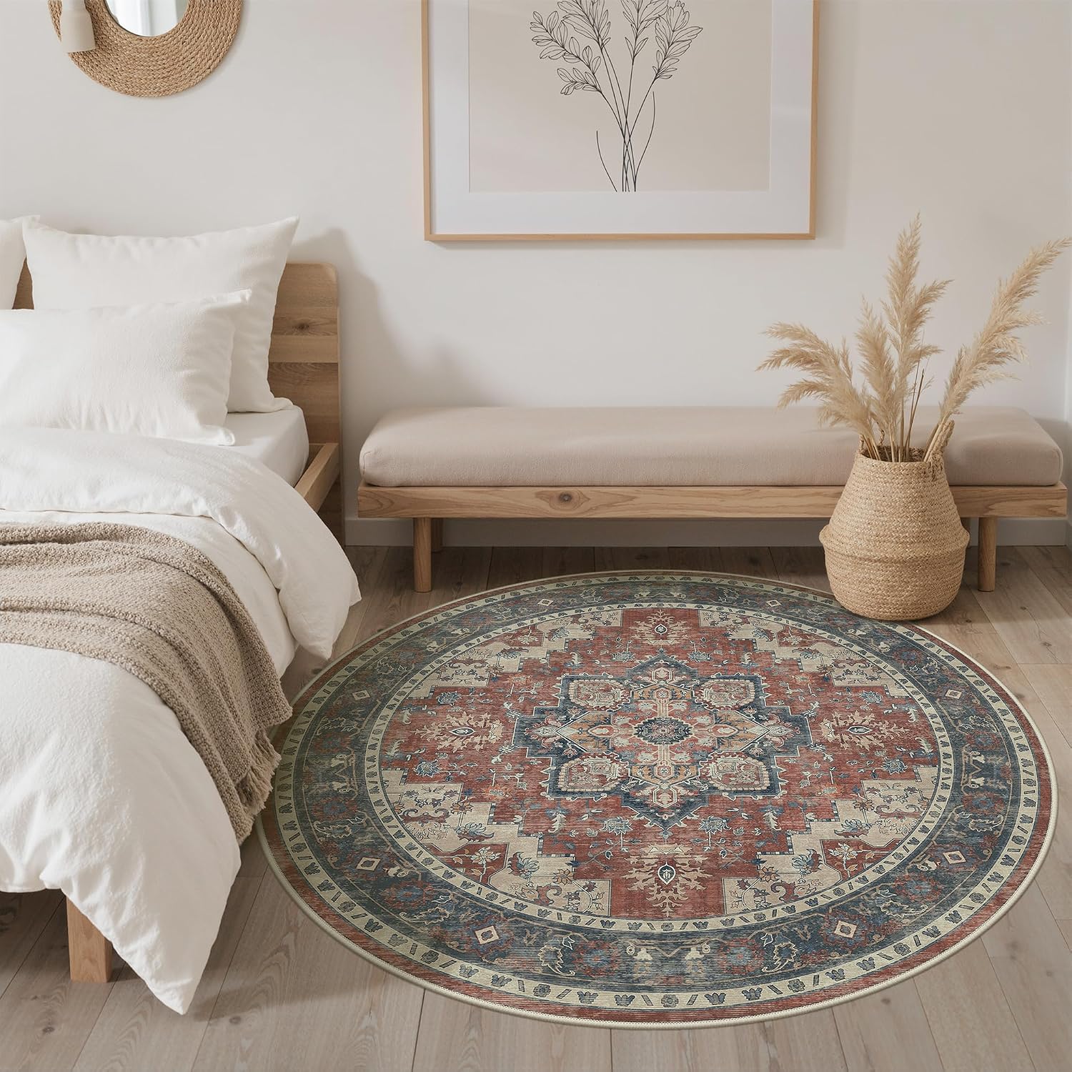 Detalle de GENIMO Vintage Teppich Rund 160 cm – Waschbar, Boho/Vintage, rutschfest, rot