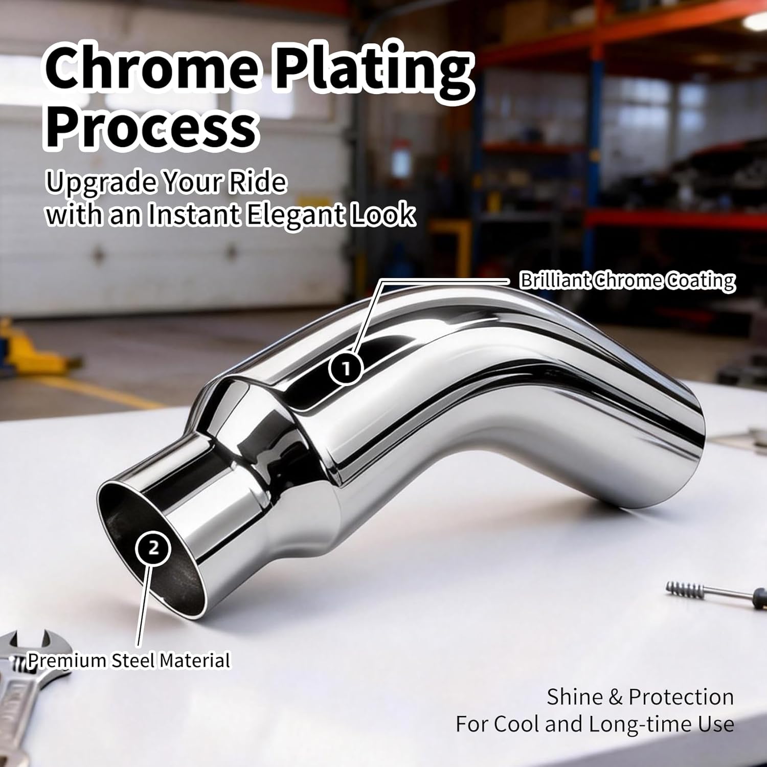 Thumbnail 2 de Universal Exhaust Tip Elbow Pipe (5 to 7 Inch) with Clamp, Chrome 135-Degree Fit for Car, Truck & Diesel