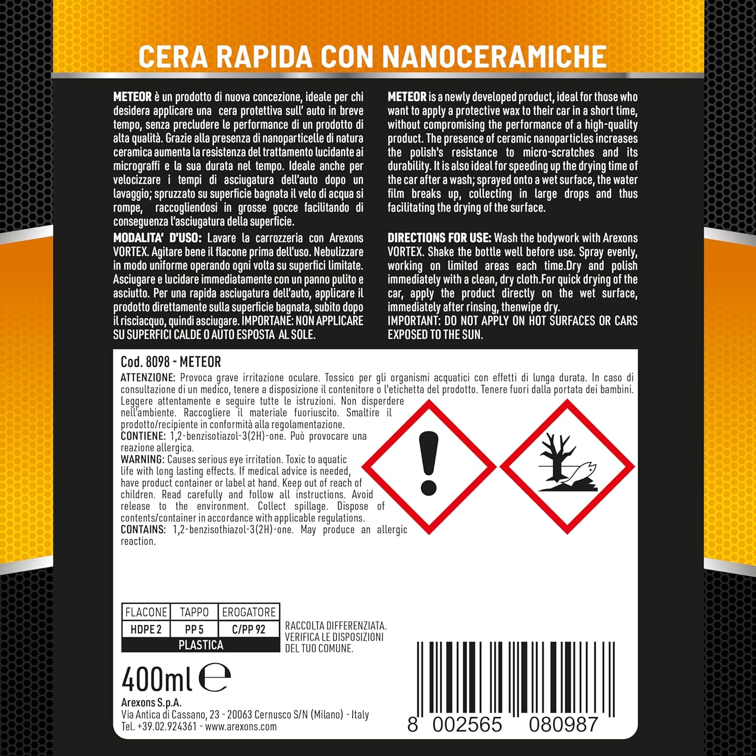 Detalle 2 de Arexons Car Care Pro METEOR – Cera Auto Rapida con Nanoceramiche, spray lucidante ultra-rapido