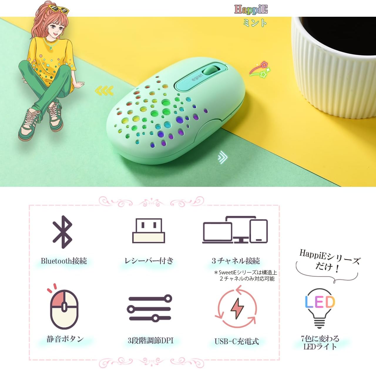 Detalle de egret HappiE EM23-H2 ワイヤレスマウス ミント、3台切替・静音クリック・3段階DPI