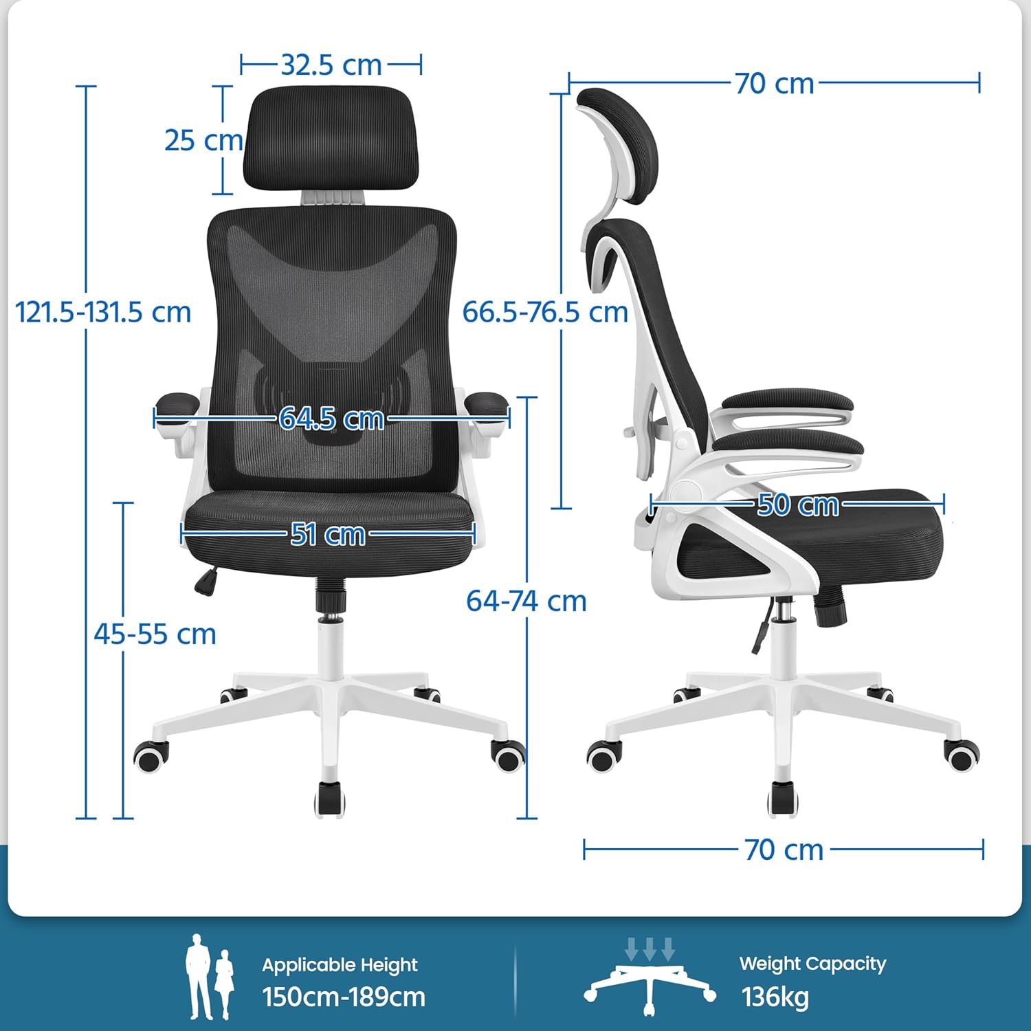 Detalle de Yaheetech Bürostuhl Ergonomisch – Hochklappbare Armlehnen, Kopfstütze, 136 kg belastbar, Weiß/Schwarz