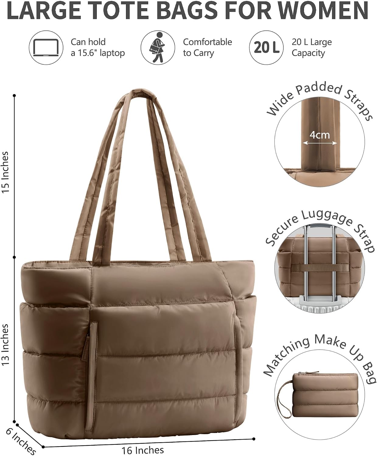 Detalle de Bagstellar Puffer Tote Bag with 15.6-Inch Laptop Sleeve