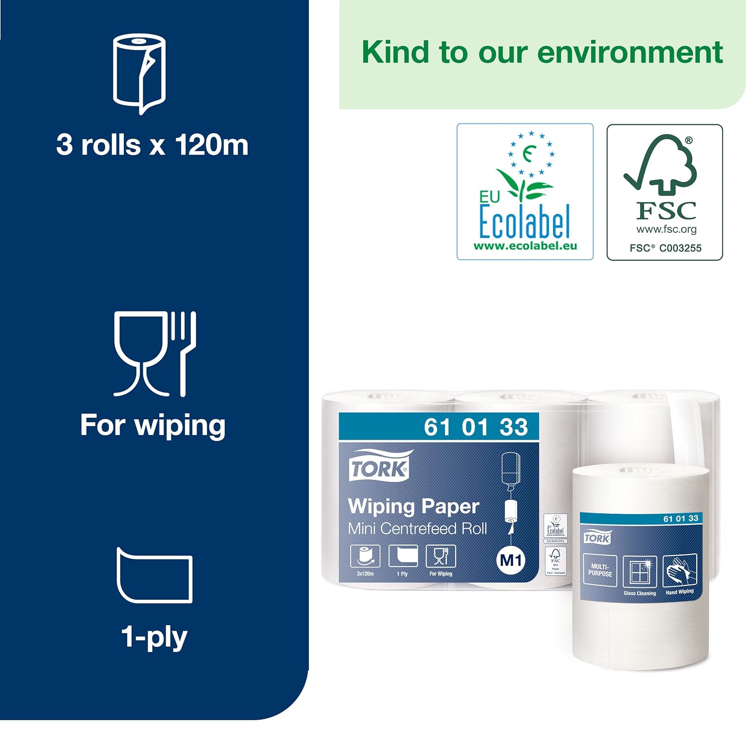 Detalle de Tork Centrefeed Wiping Paper Roll White M1 (3 x 120m) – Hand and Surface Wiping