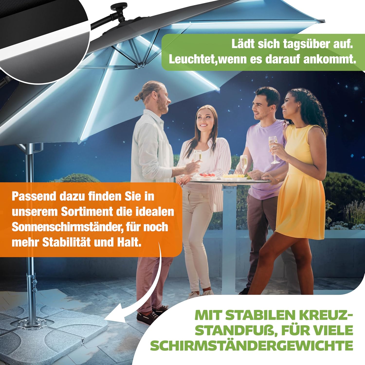 Detalle 2 de KESSER® Alu Ampelschirm LED Solar – 360° drehbar, mit LED-Licht, Kurbel & Abdeckung
