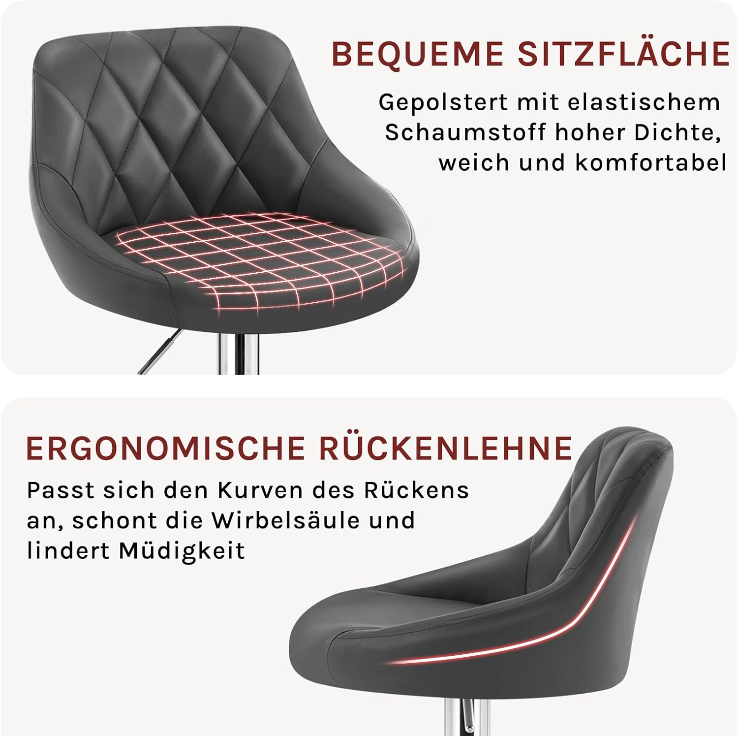Detalle de WOLTU Barhocker-Set (2er) mit Rückenlehne, höhenverstellbar & drehbar – gepolsterter Kunstledersitz in Grau