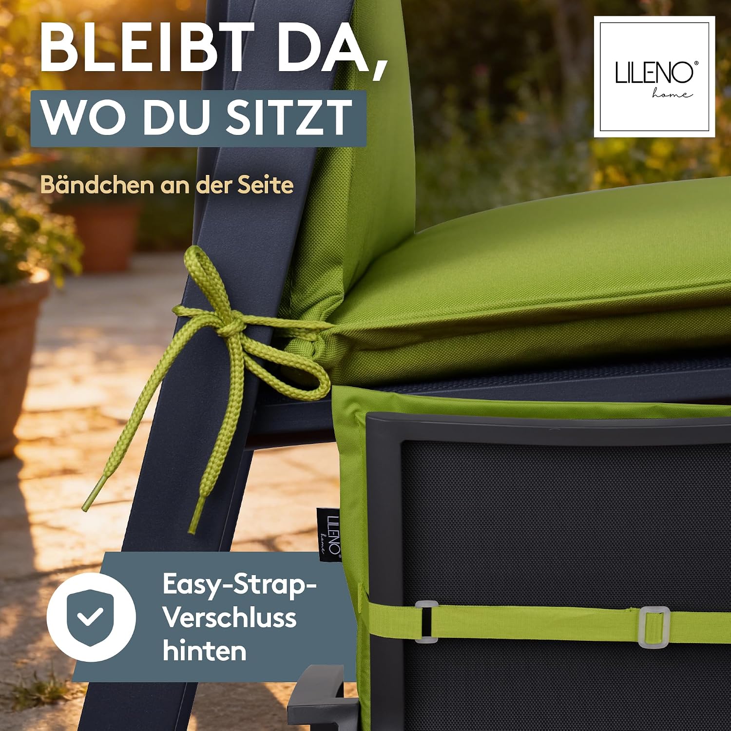 Detalle de LILENO HOME Gartenstuhl Auflagen im 4er-Set (Niedriglehner) in Apfelgrün – Stuhlkissen für MIA Gartenstühle