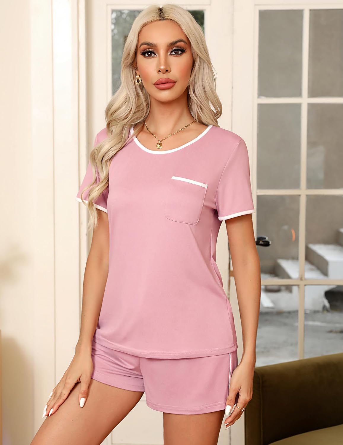 Thumbnail 2 de Ekouaer Women’s Two-Piece Pajama Set with Chest Pocket and Drawstring Shorts