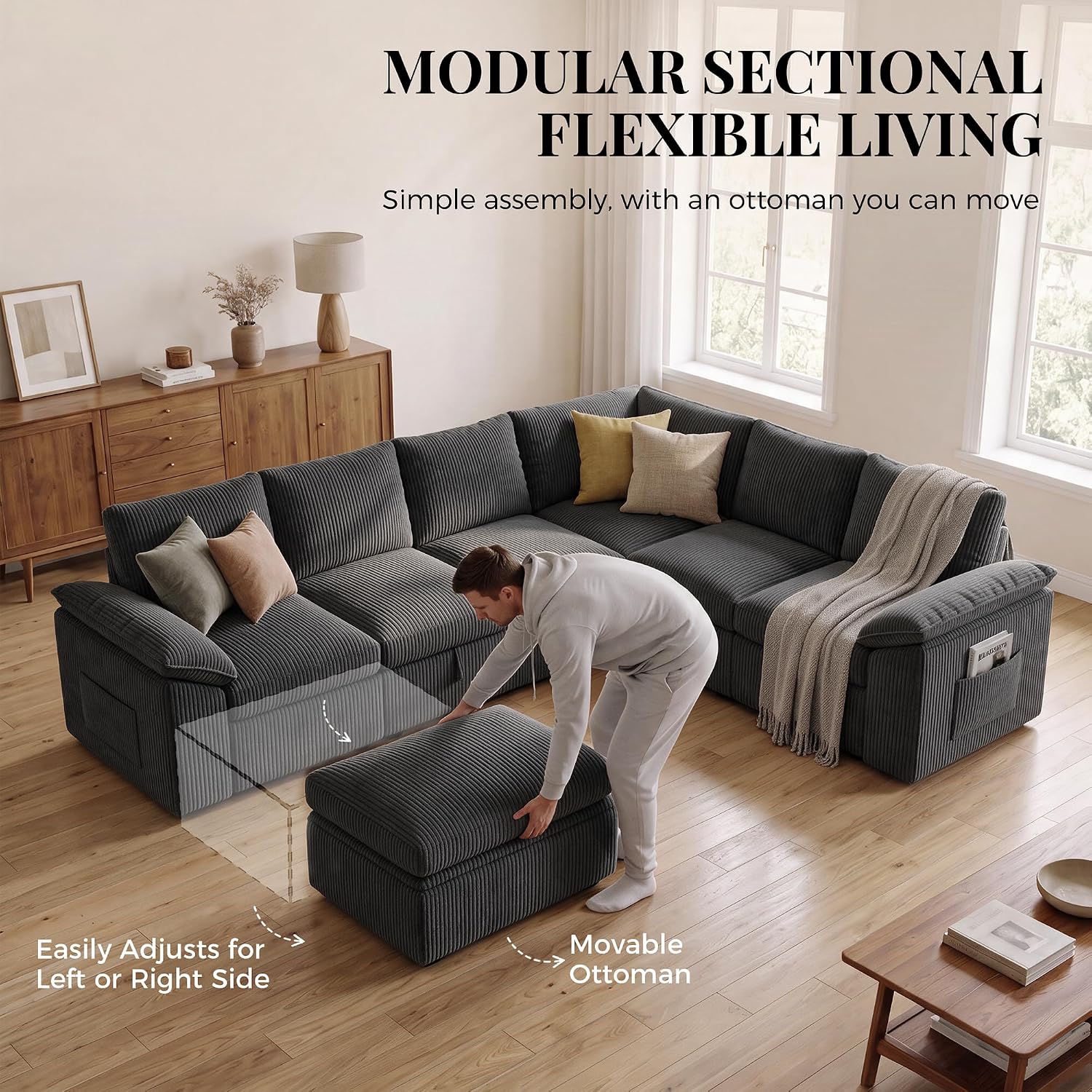 Thumbnail 6 de Dravonlab BTJ-Sleeper-Sofa Modular Sectional Sleeper Sofa, Dark Grey Corduroy