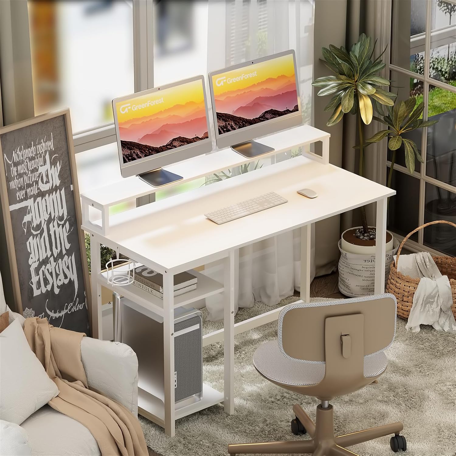 Thumbnail 6 de GreenForest computer desk with full monitor stand, 100 cm home office setup in full white