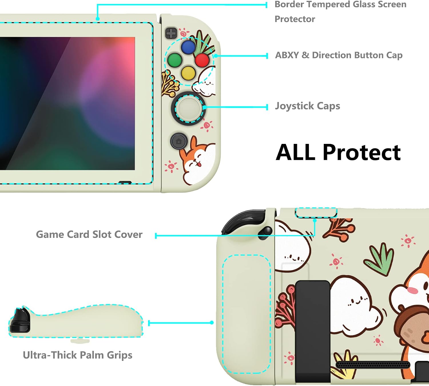 Detalle de PlayVital ZealProtect Soft Protective Case for Nintendo Switch with Tempered Glass Screen Protector, Thumb Grips & ABXY Caps (Squirrel with Acorn)