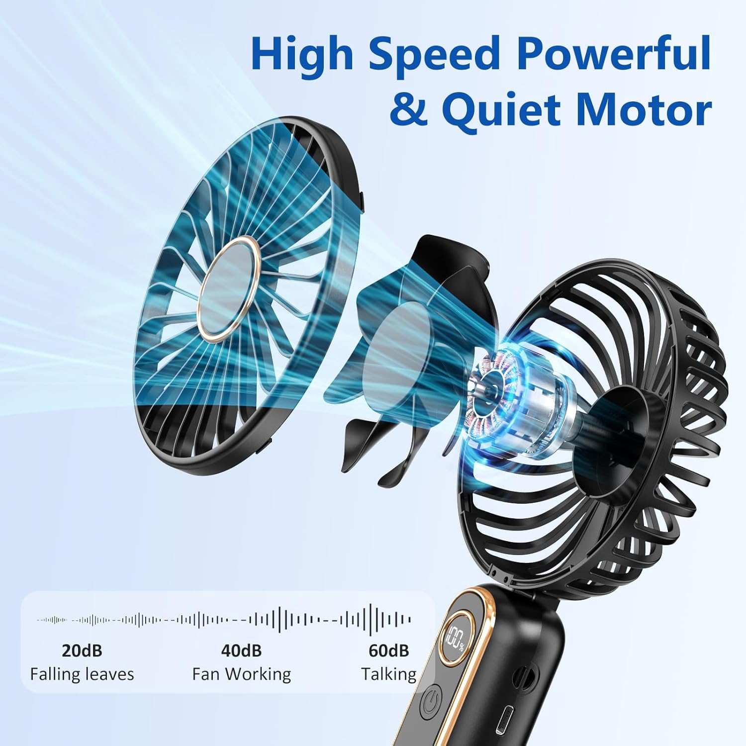 Detalle de PALATALA Handheld Fan: Powerful 6-Speed Portable USB-C Fan with 4000mAh Battery and LED Display