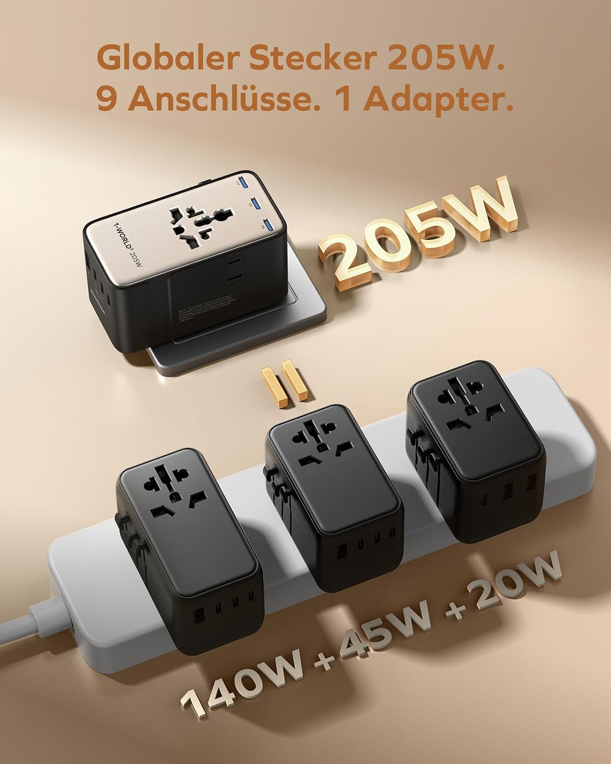 Detalle de MOMAX Reiseadapter Weltweit 205W GaN Hochleistungs – 9-in-1 Travel Adapter mit 2 AC, 6 USB-C, 1 USB-A