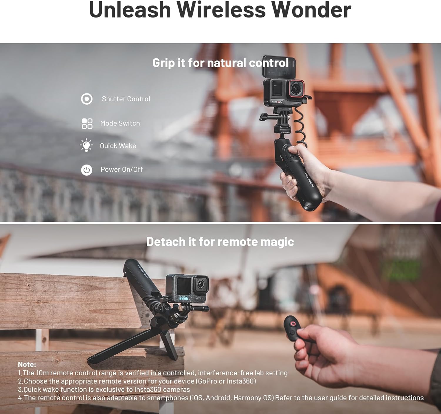 Detalle de PGYTECH CapLock MantisPod Power Support con batteria 5000mAh e telecomando per GoPro