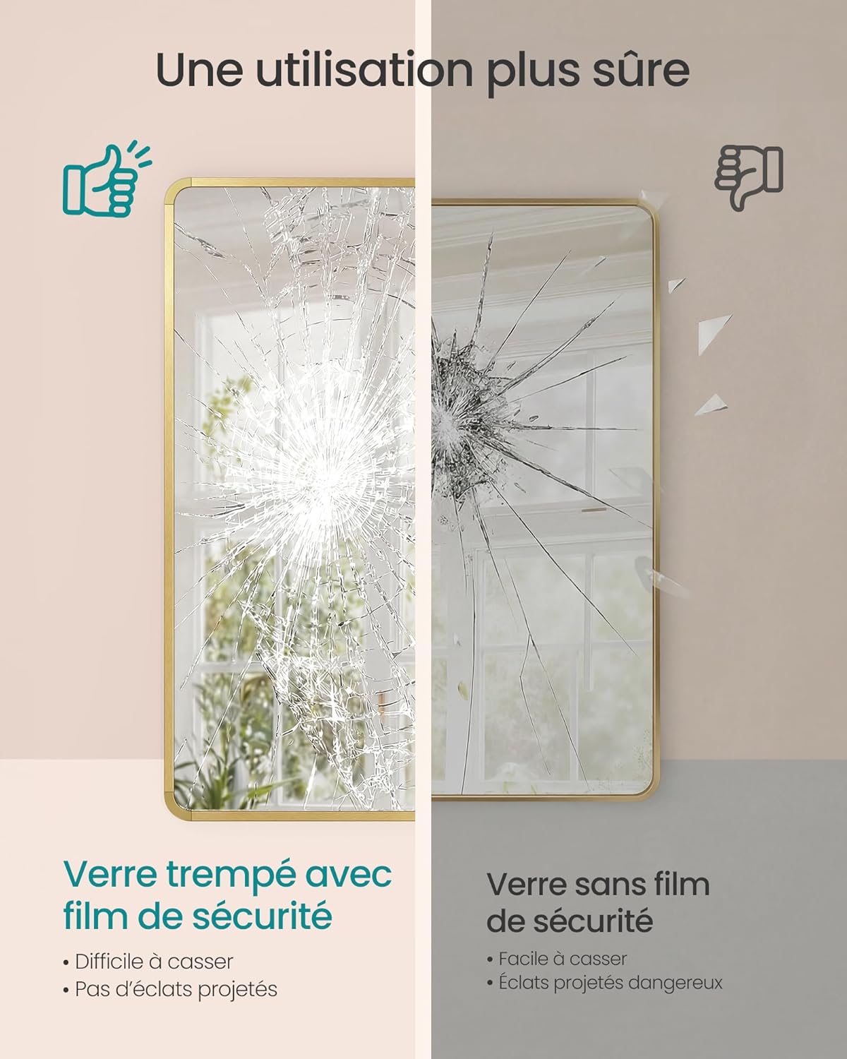 Thumbnail 2 de SONGMICS Miroir Salle de Bain LWM010AB01 – Miroir Mural Rectangulaire en Aluminium doré clair 91 x 61 cm
