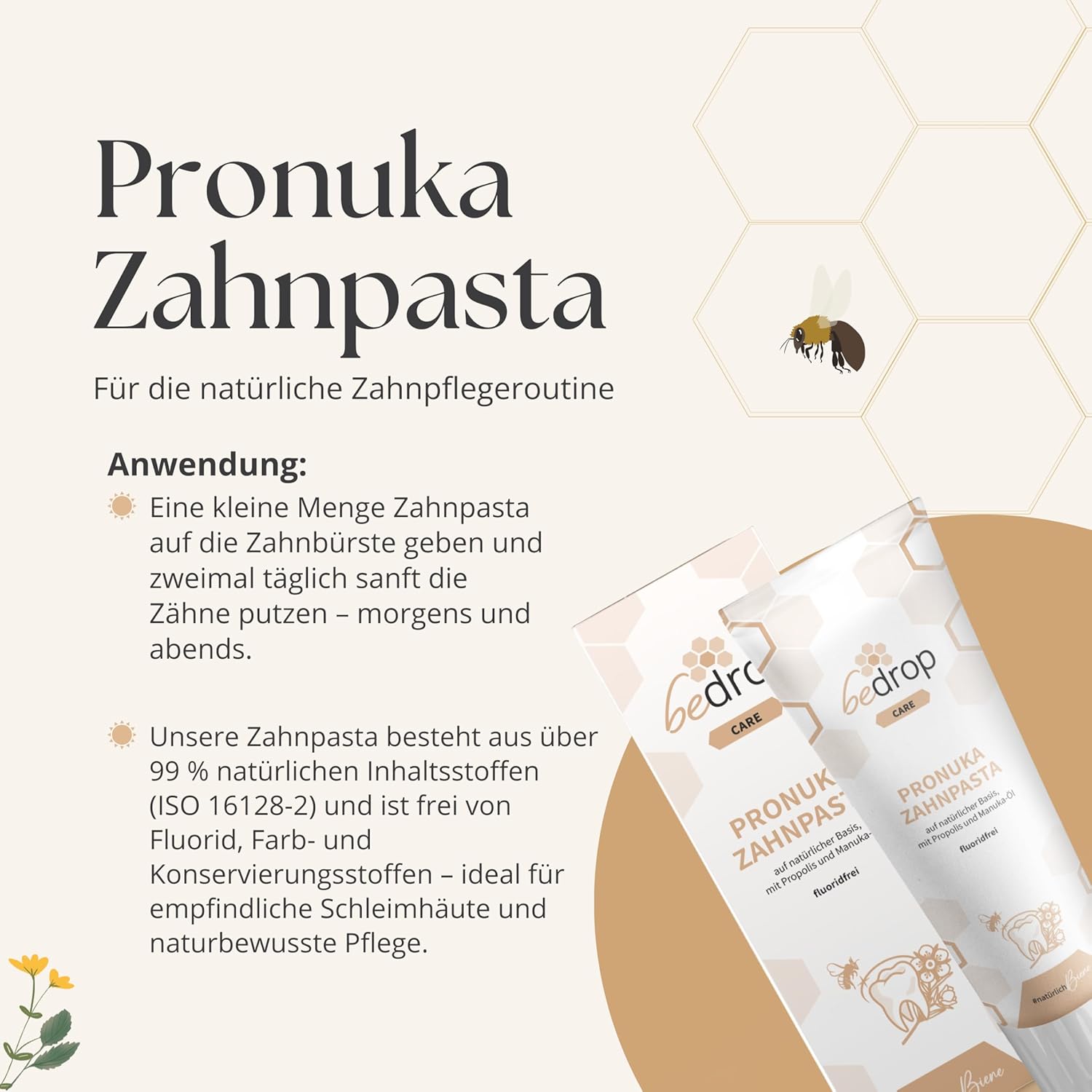 Detalle de bedrop Pronuka fluoridfreie Zahnpasta mit Propolis & Manuka-Öl (Zitrone-Minze, 75 ml)