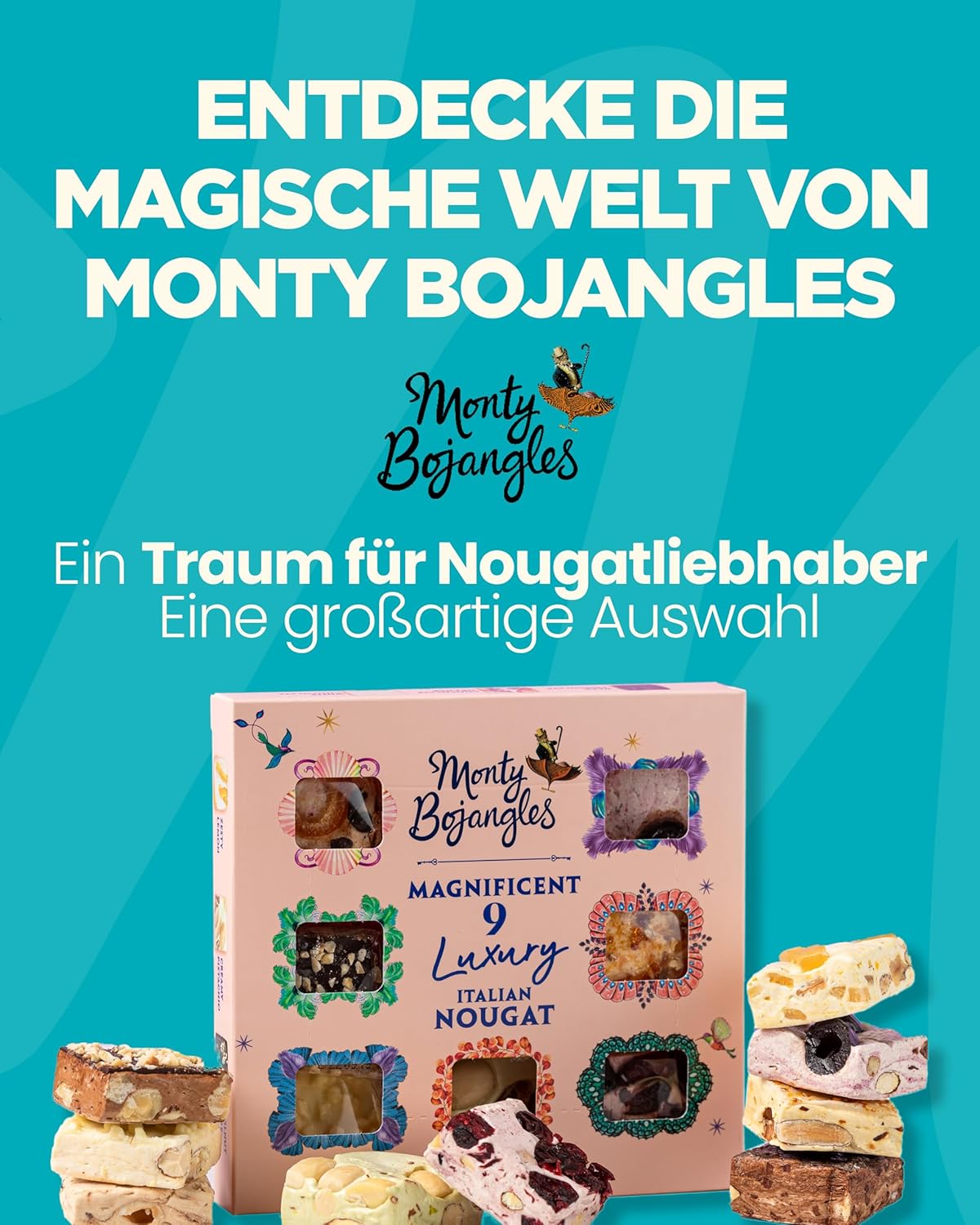 Detalle 2 de Monty Bojangles Magnificent Nougat Schokolade Geschenkset (9 Stück) mit 9 Sorten