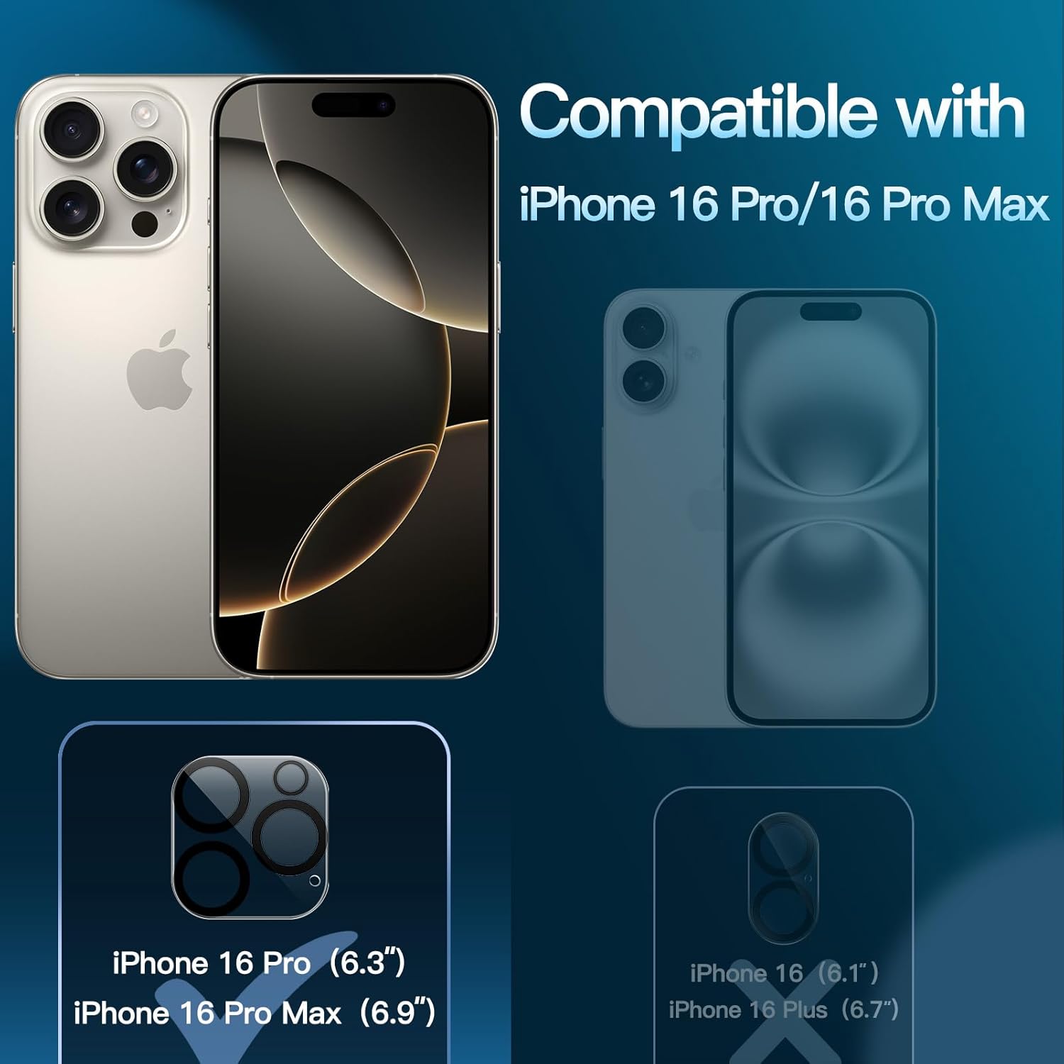 Thumbnail 1 de JETech Kameraschutz aus 9H gehärtetem Glas für iPhone 16 Pro (6,3") & iPhone 16 Pro Max (6,9"), 3er-Set