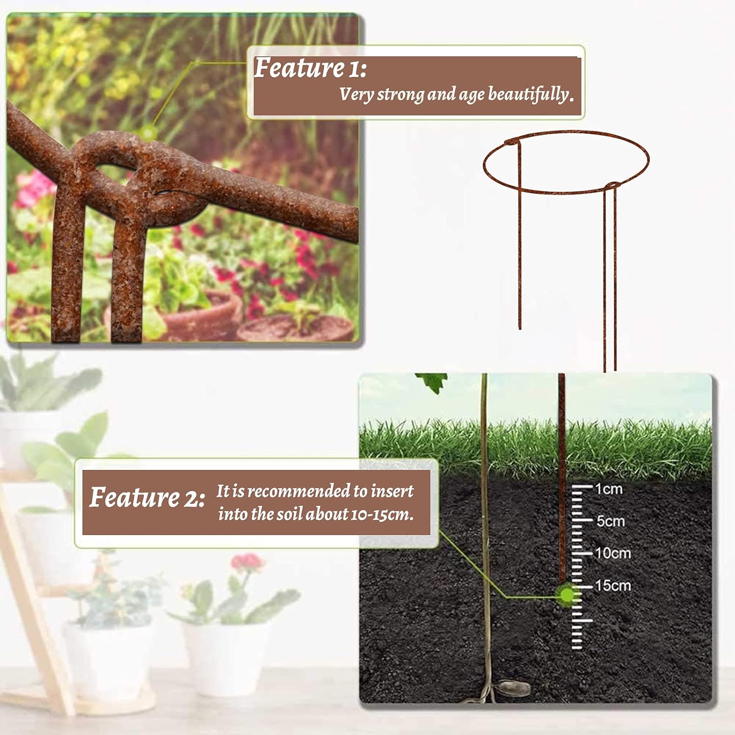 Detalle de KAZITOO 6 Pack 60cm Tall Rusty Bow Plant Supports: Natural Rusted Stakes with Self-Watering Spikes